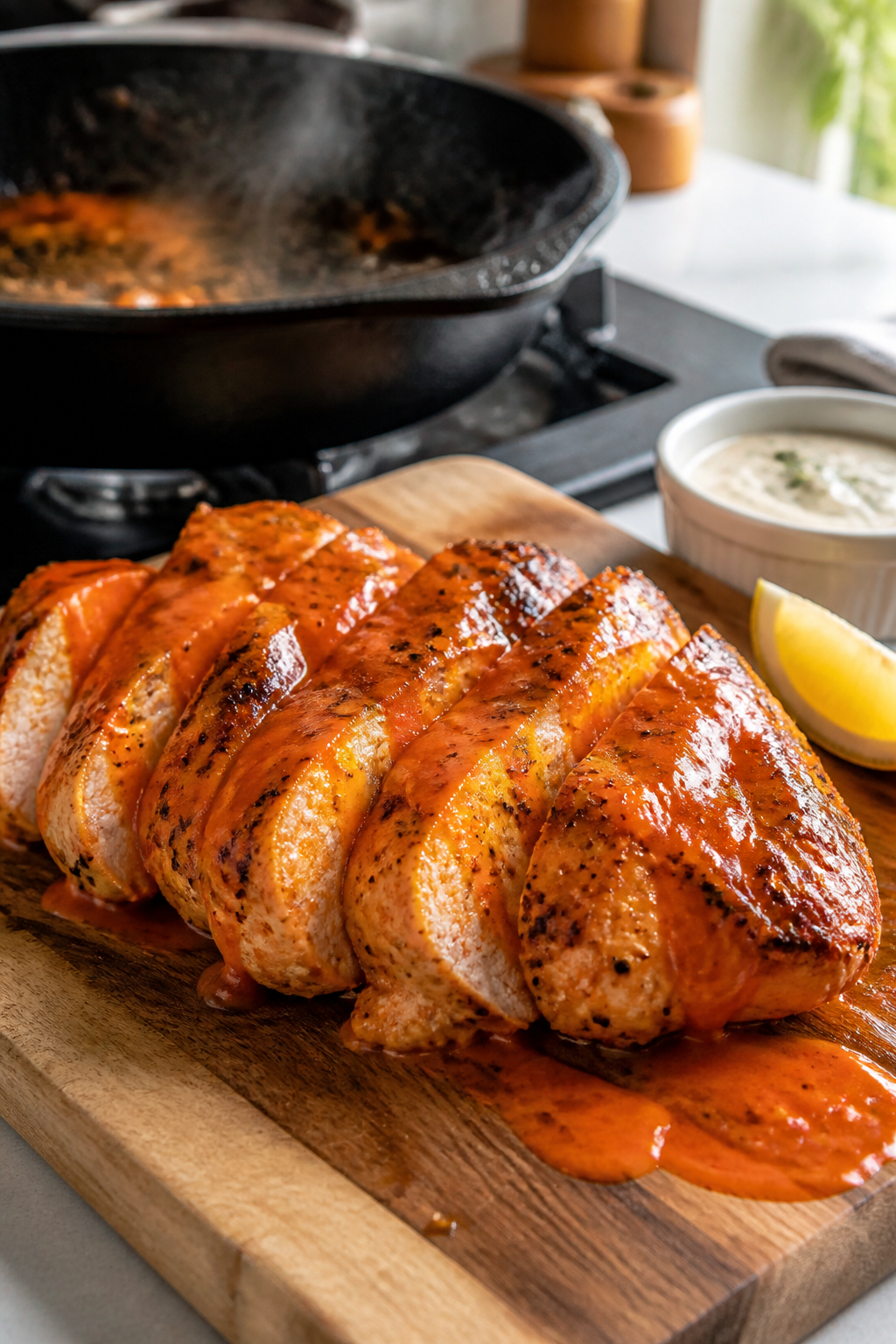 Cooking process, stovetop sear: Sliced buffalo ranch chicken just off the skillet, showing juicy, li