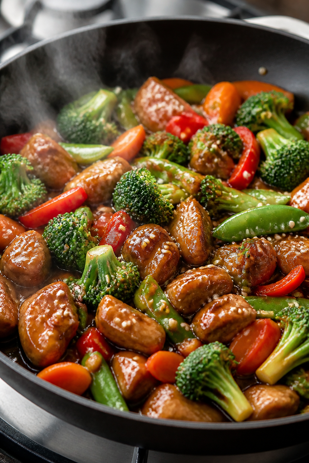 Cooking process – Teriyaki chicken and veggies in a large skillet: bite-size browned chicken piece
