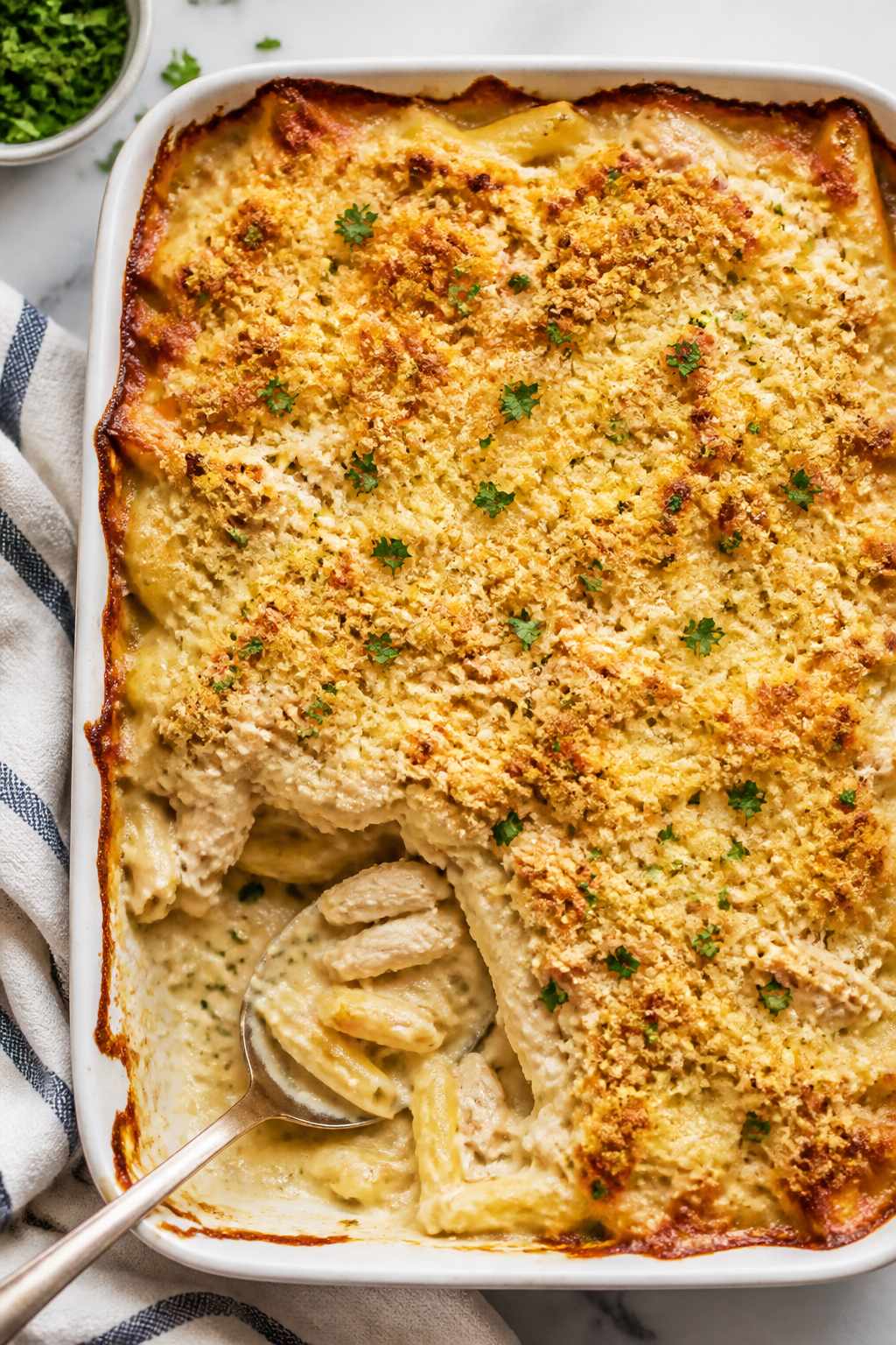 Cooking process: The assembled Chicken Alfredo Bake just out of the oven in a 9x13 dish, overhead sh