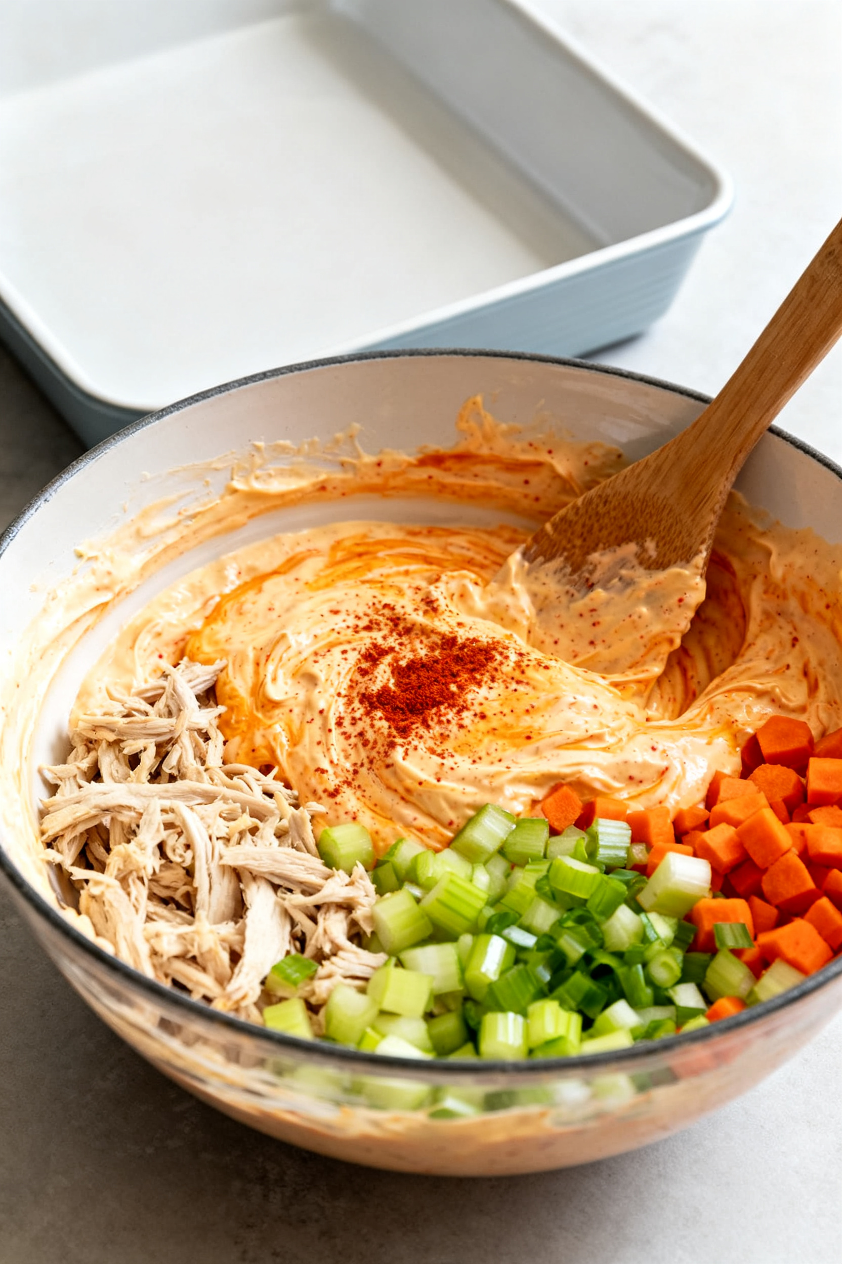Cooking process: The creamy buffalo base being folded together in a large bowl—shredded cooked chi