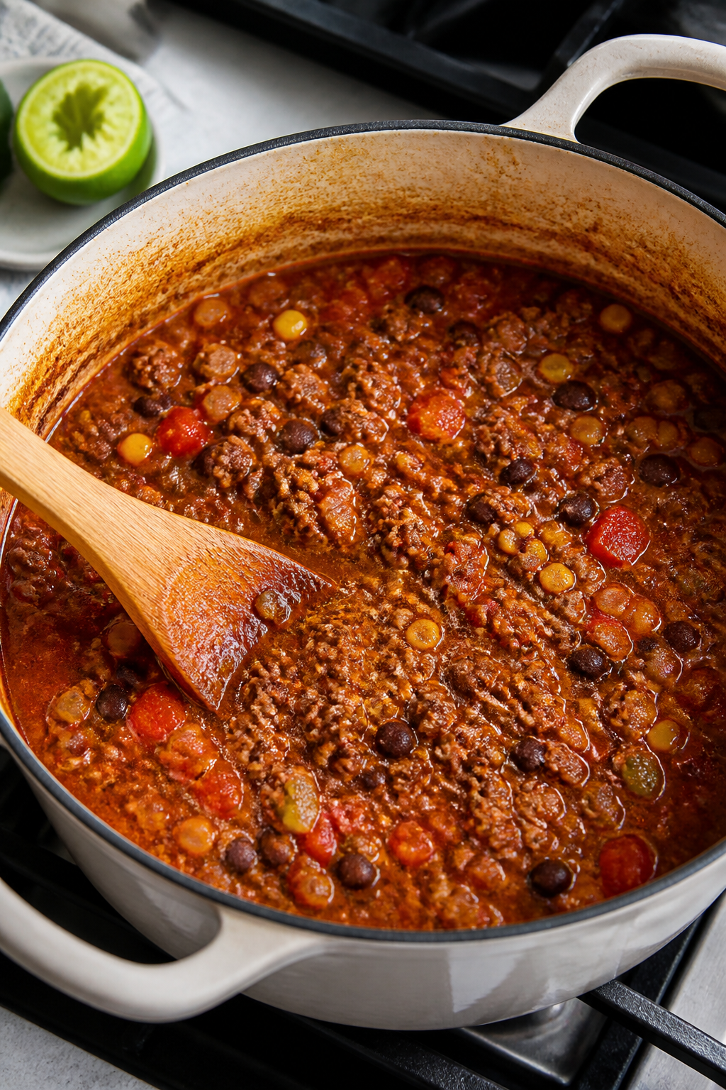 Cooking process: The soup simmering uncovered in a wide, heavy pot right after tomato paste and taco
