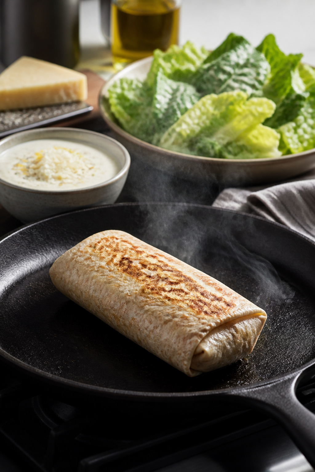 Cooking process: Warm high-fiber tortilla on a dry skillet just seared at the seam, with the wrap be