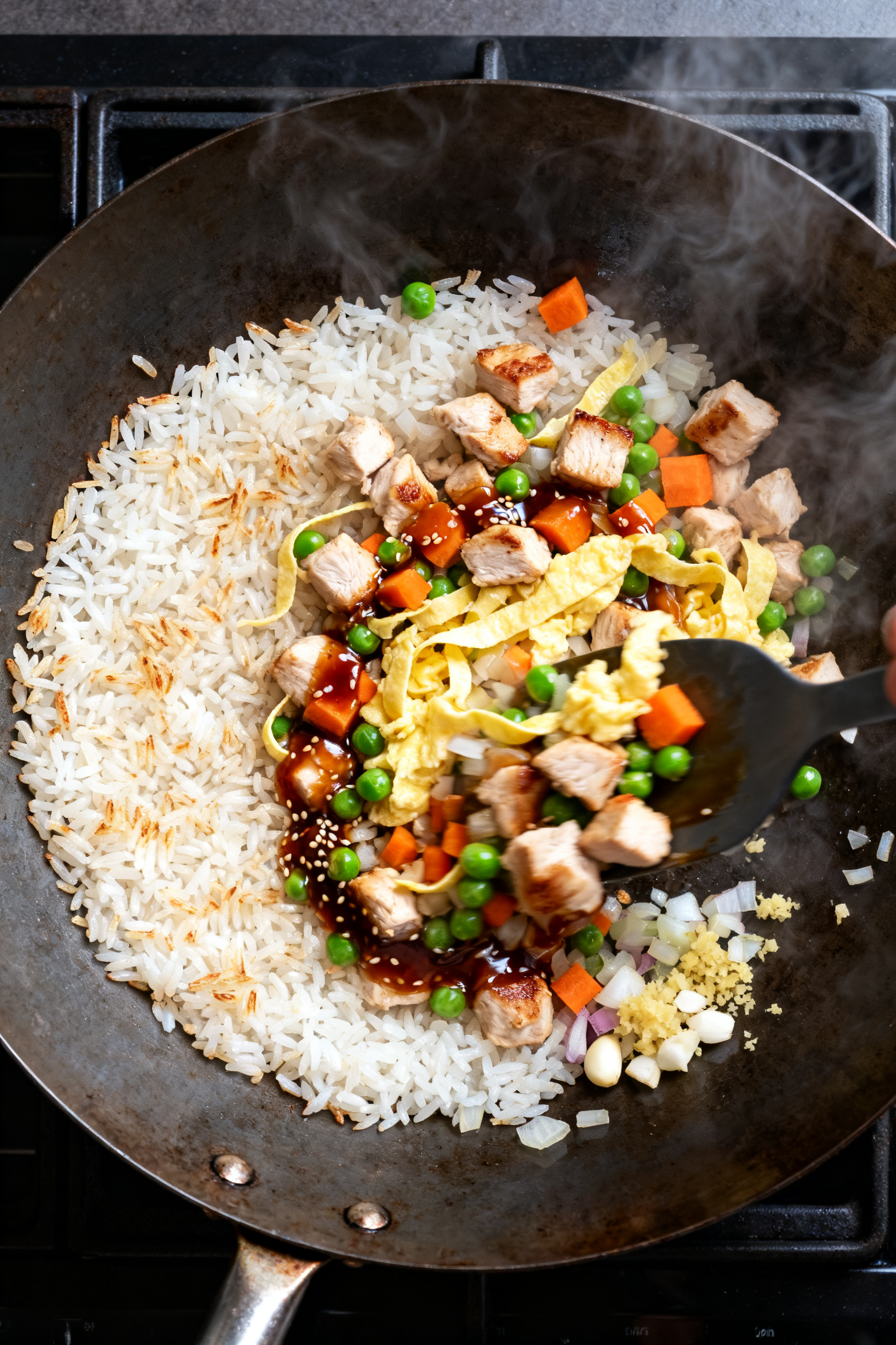 Cooking process, wok sear: High-protein chicken fried rice mid-cook in a sizzling carbon-steel wok,