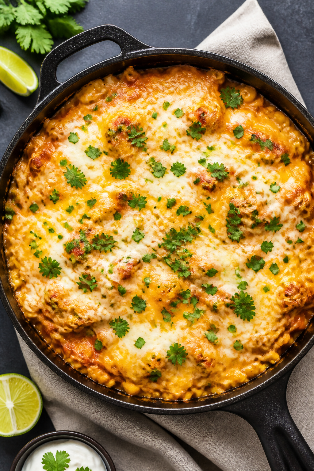 Creamy, cheesy finish overhead: Top-down shot of the finished chicken enchilada skillet, cheese just