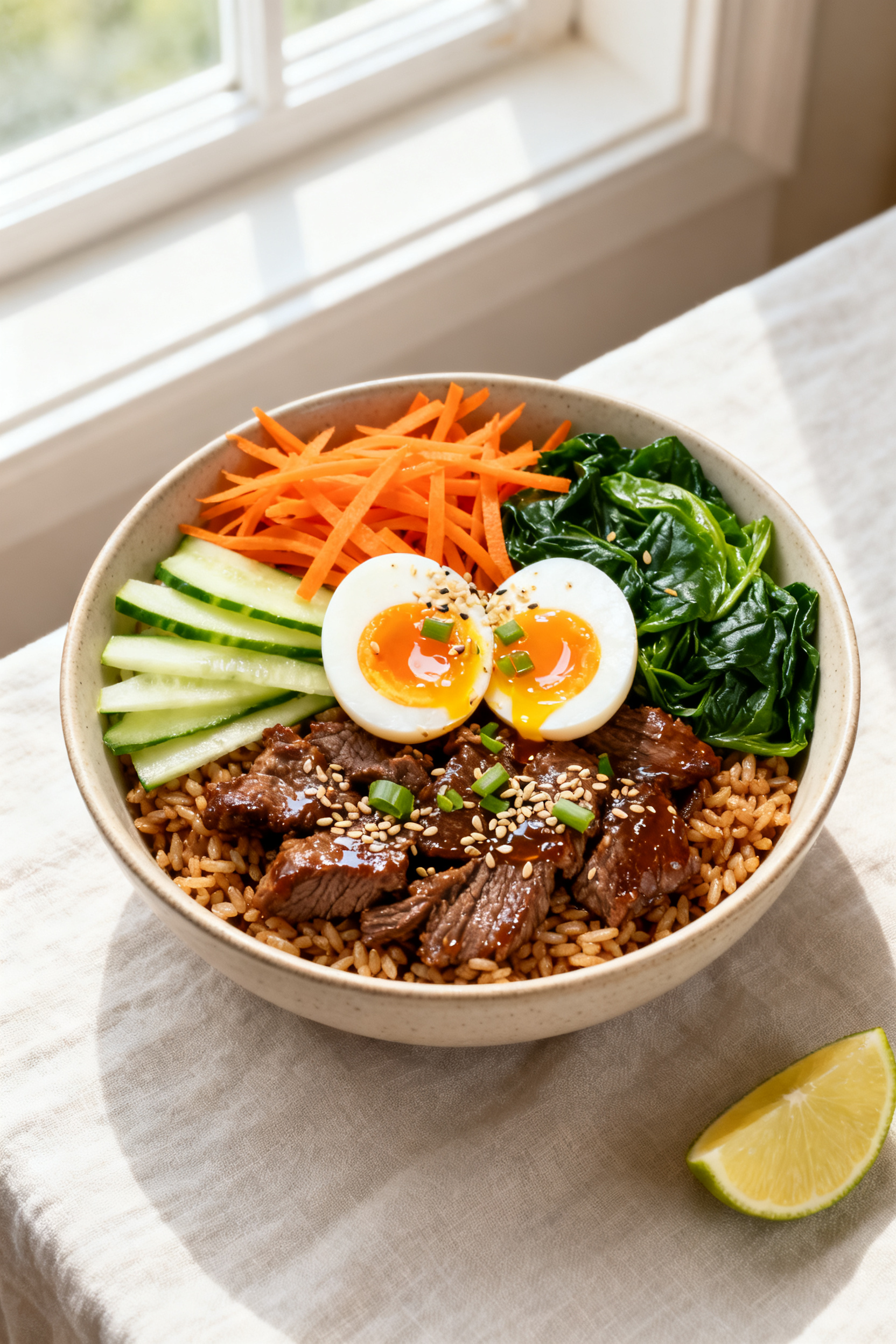 Final dish — Beautifully plated Healthy Korean Beef Rice Bowl: warm brown rice base topped with gl