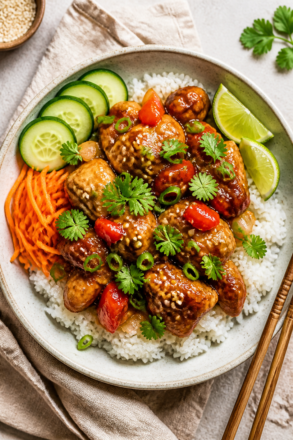 Final dish — Overhead bowl presentation: Top-down shot of Sweet & Spicy Chicken Rice Bowl beautifu