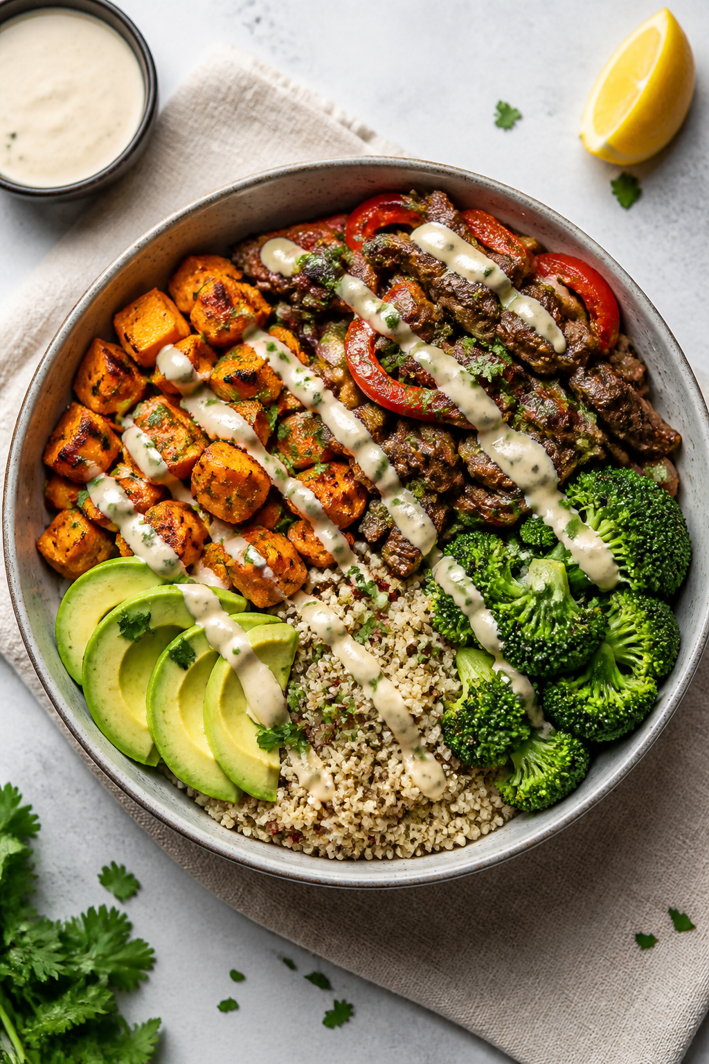 Final dish, overhead — High Protein Beef & Sweet Potato Bowl assembled: quadrant-style showing roa