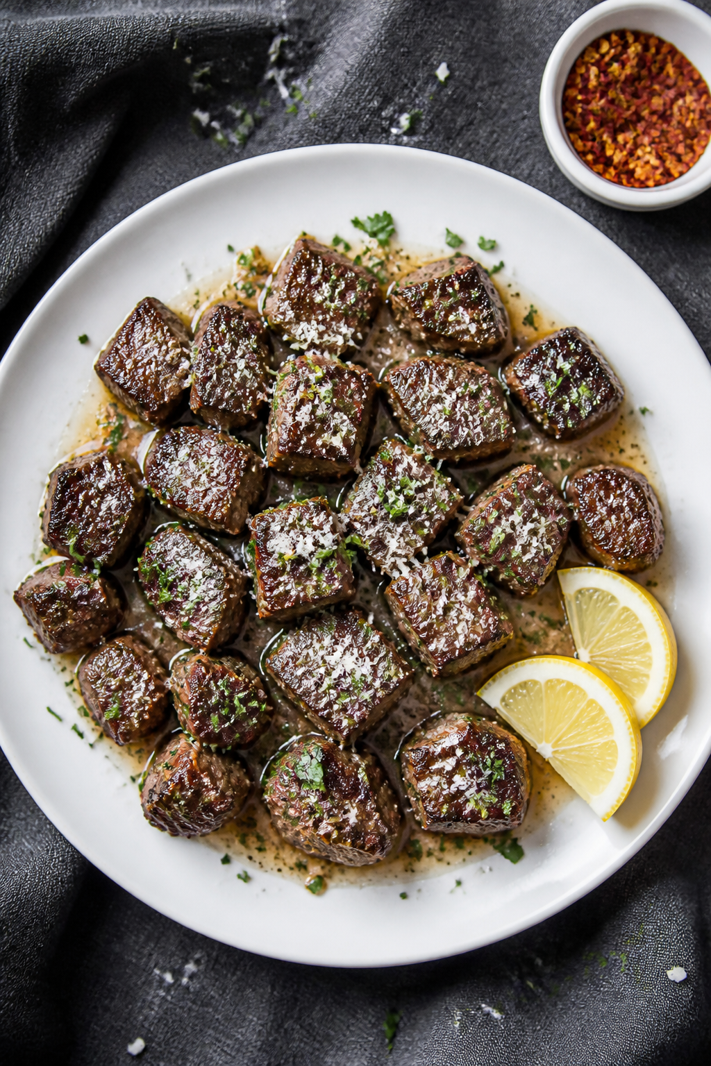 Final dish, overhead: Restaurant-quality plate of High Protein Garlic Parmesan Steak Bites, on a mat