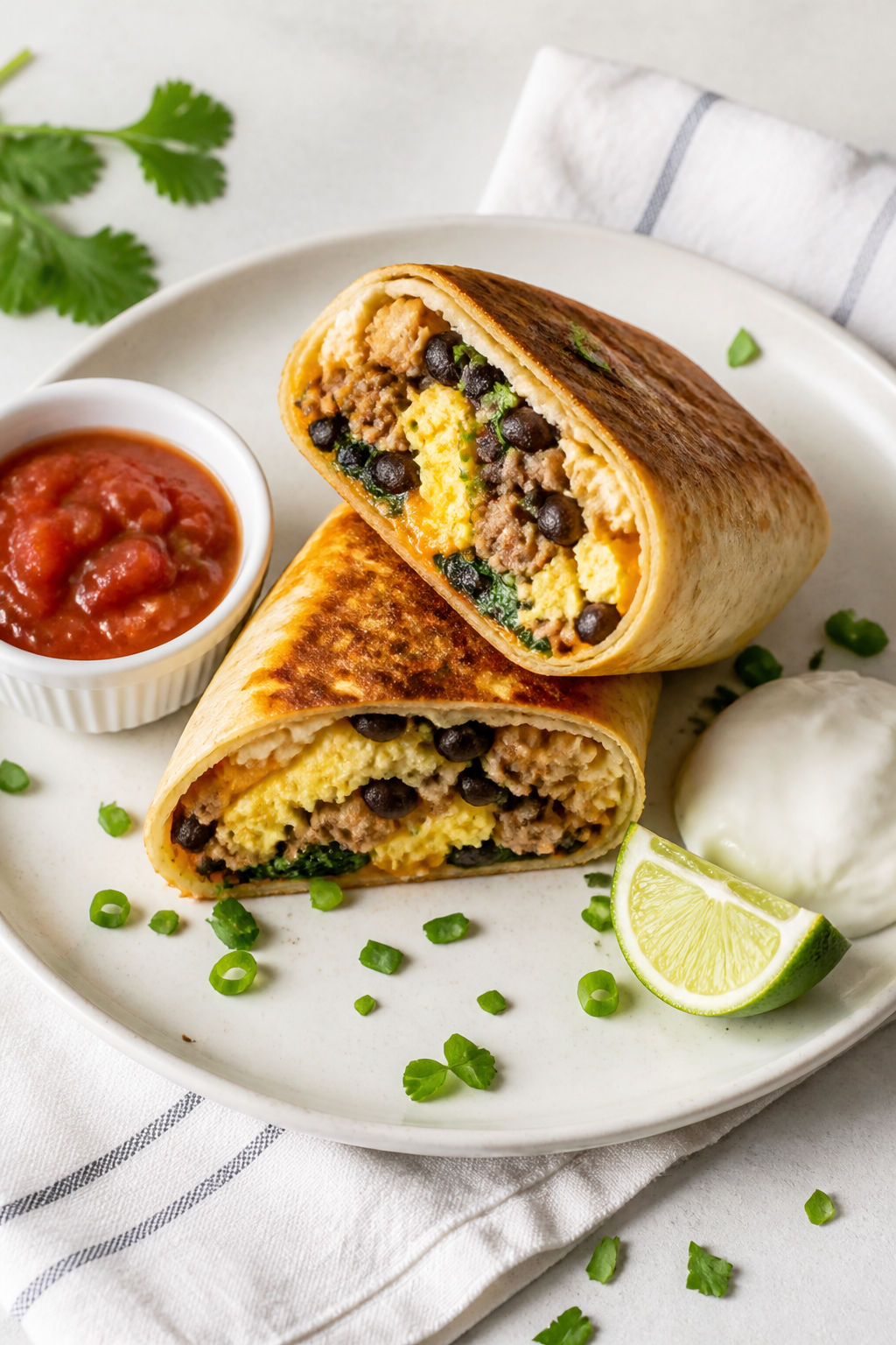 Final dish, plated and crisped: Restaurant-quality presentation of a high-protein breakfast burrito,