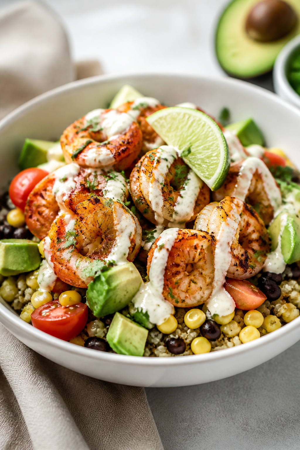 Final dish, plated hero shot: Beautifully plated Cajun Shrimp Bowl served over quinoa, shrimp stacke
