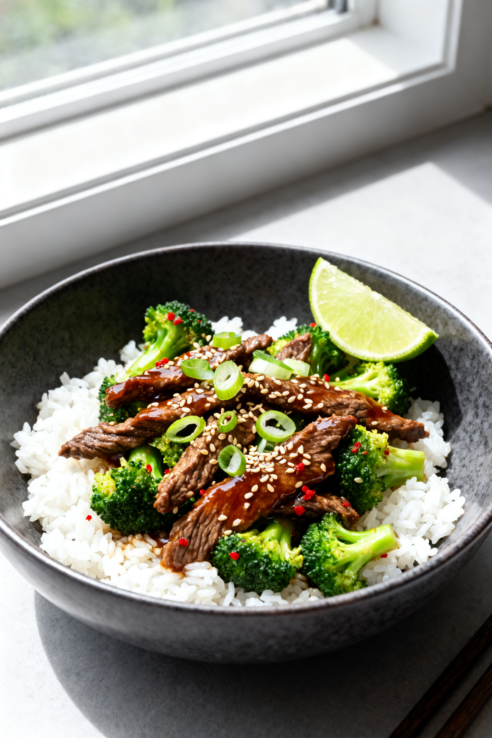 Final dish, plated presentation: Easy Healthy Beef & Broccoli served over fluffy white rice in a wid