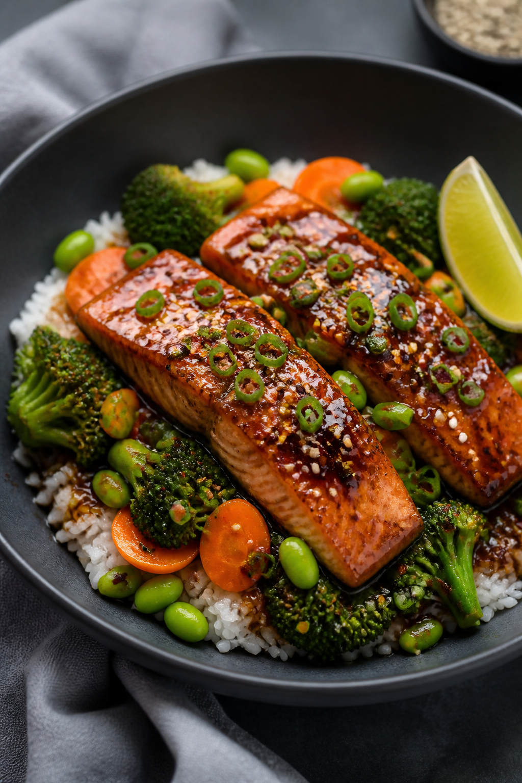 Final dish, plated restaurant-quality: Beautifully plated High Protein Teriyaki Salmon Bowl in a mat