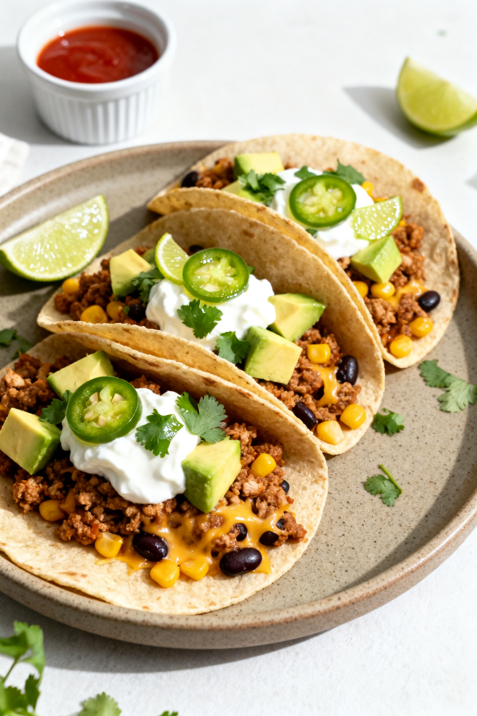 Final dish, plated tacos: Beautifully plated street-style tacos filled with the turkey taco skillet