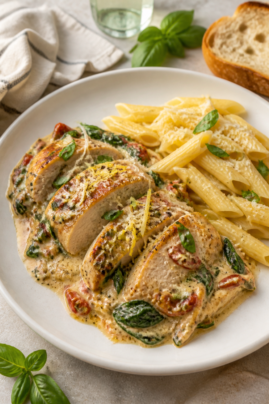 Final dish presentation: Beautifully plated Creamy Cottage Cheese Tuscan Chicken on a wide, warm-whi