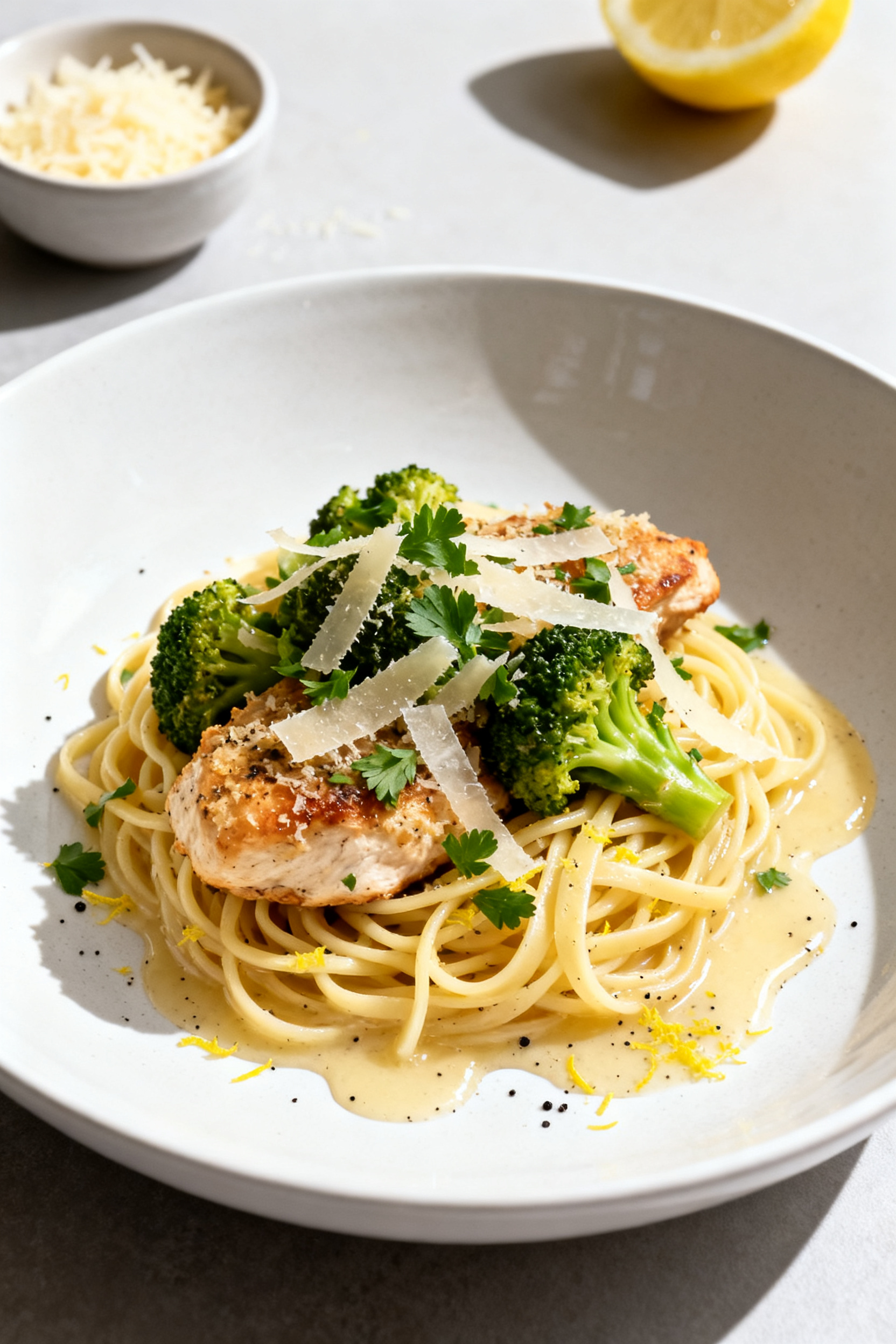 Final dish presentation: Beautifully plated Garlic Parmesan Chicken & Broccoli over buttered noodles