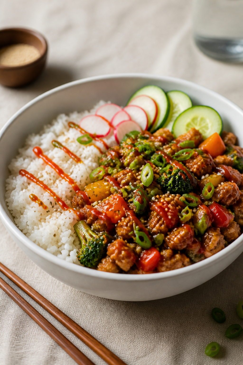 Final dish presentation: Beautifully plated Ground Turkey Teriyaki Bowl with fluffy jasmine rice on 