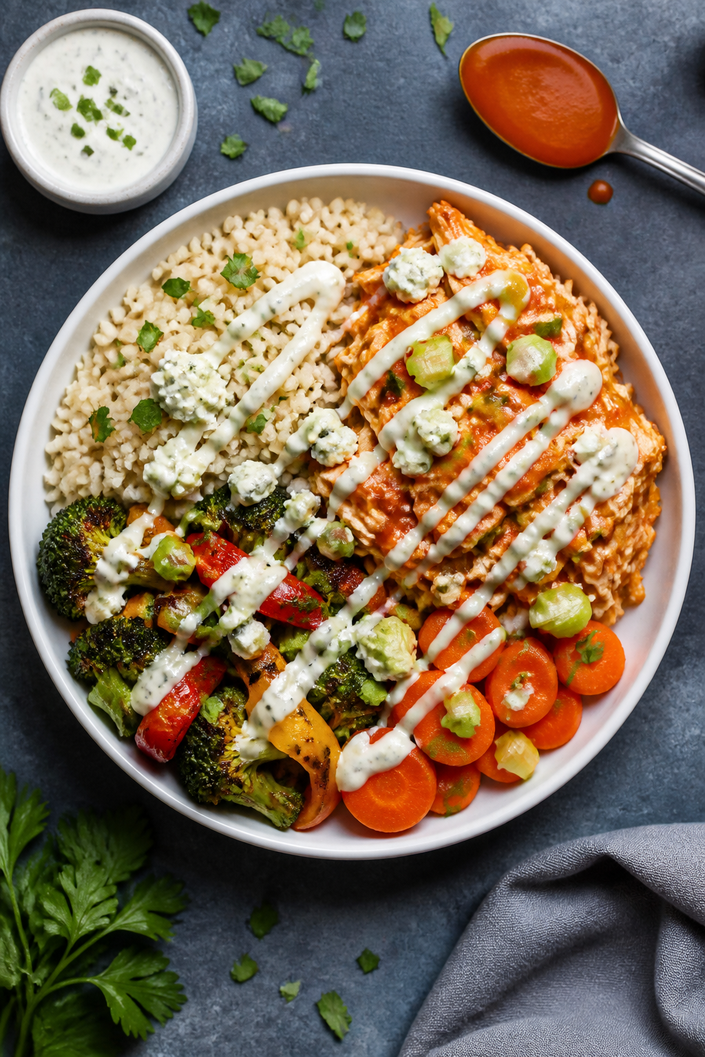 Final dish presentation: Beautifully plated High Protein Buffalo Chicken Meal Prep bowl; neat quadra