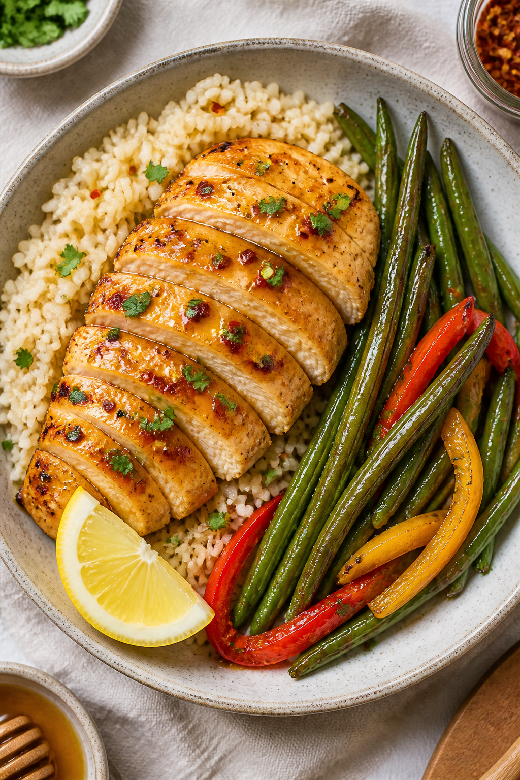 Final dish presentation: Beautifully plated High Protein Honey Mustard Chicken Meal Prep bowl—brow