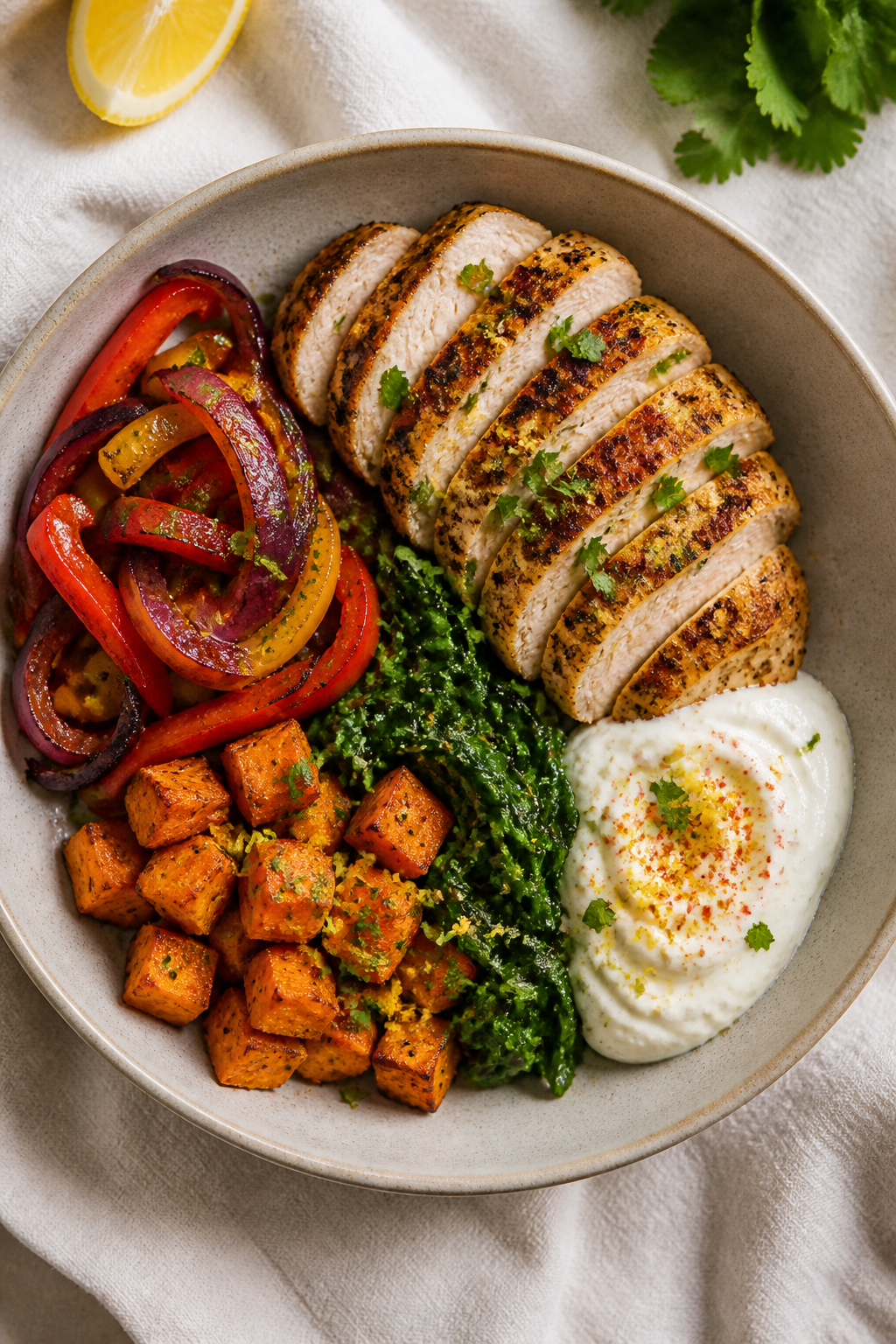 Final dish presentation: Beautifully plated High Protein Chicken & Sweet Potato Meal Prep bowl—sli