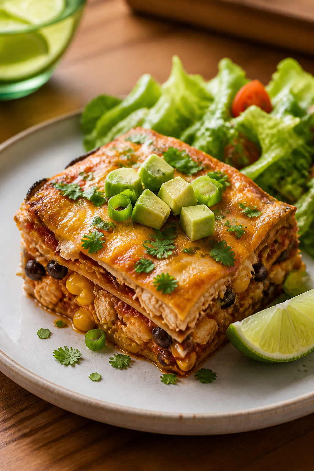 Final dish presentation: Beautifully plated square of High Protein Chicken Taco Casserole on a white