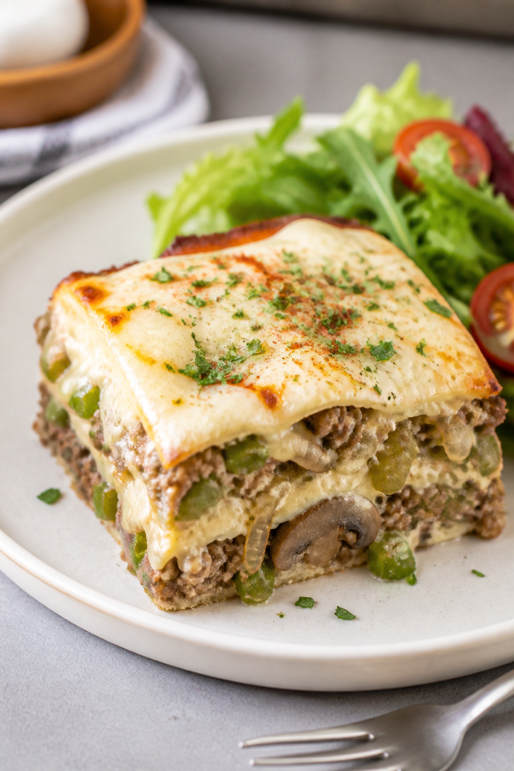Final dish presentation: Beautifully plated square of Ground Beef Philly Cheesesteak Casserole on a 