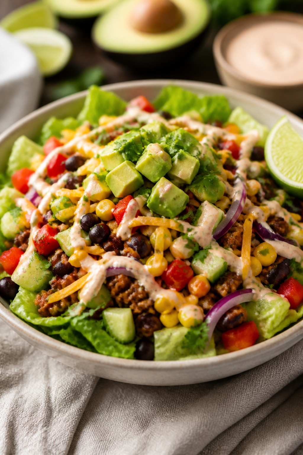 Final dish presentation: Beautifully plated taco salad bowl with a generous mound of crisp romaine, 