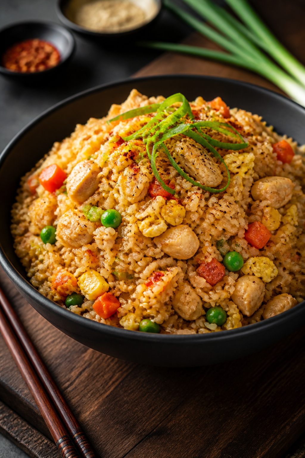 Final dish presentation: Restaurant-quality bowl of chicken fried rice piled high, distinct, non-clu