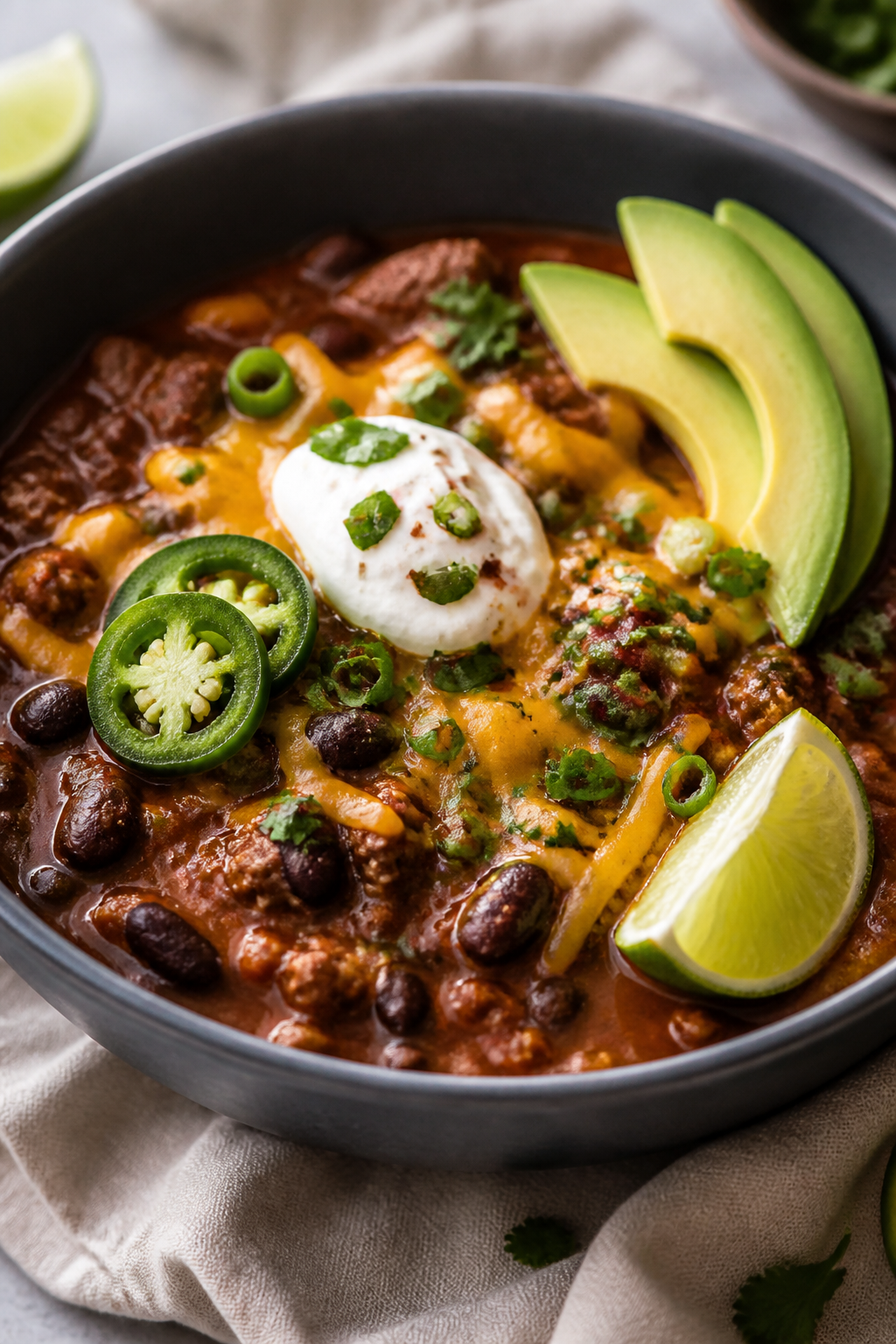 Final dish presentation: Restaurant-quality bowl of High Protein Beef & Bean Chili, richly ladled an