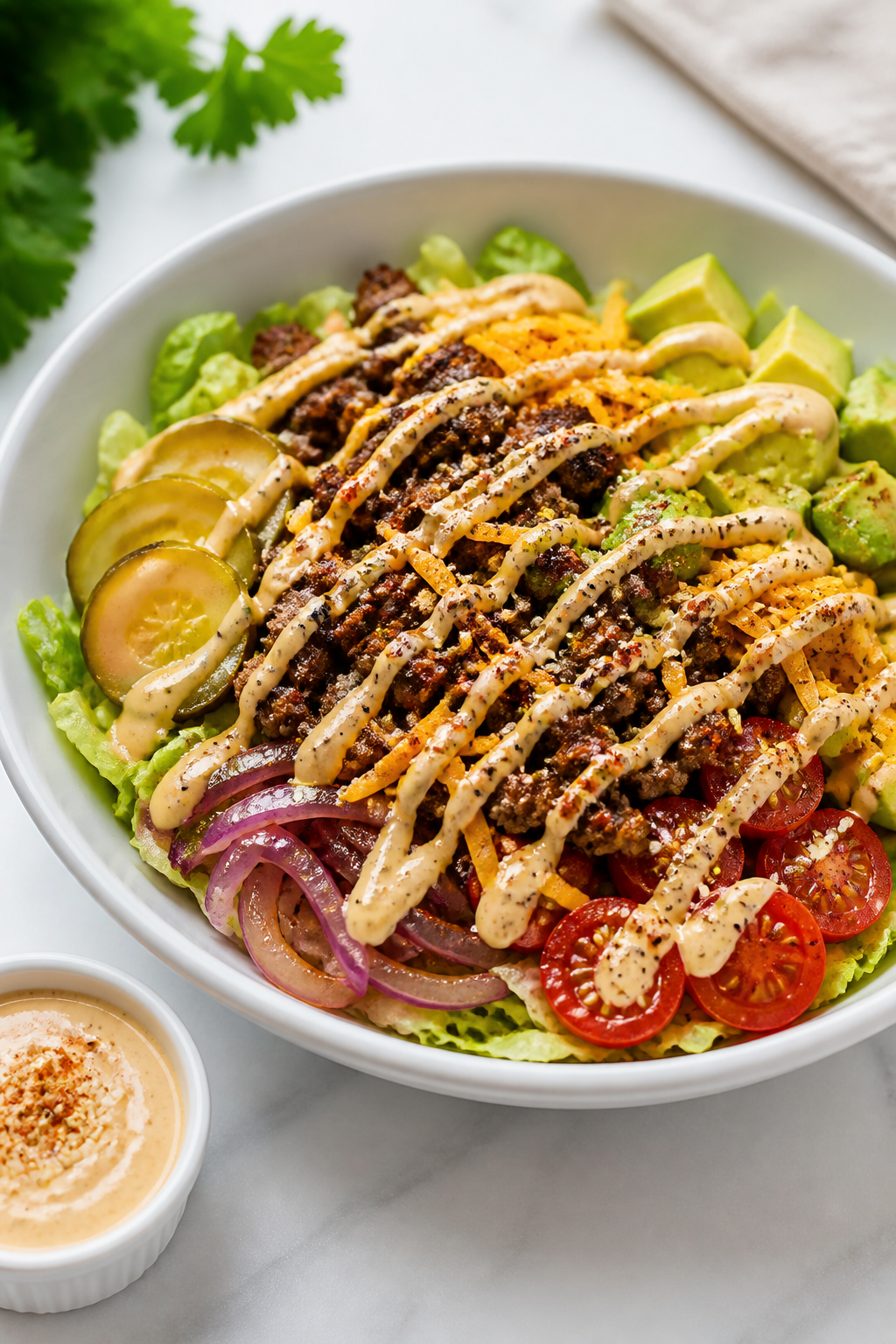 Final dish presentation — Restaurant-quality burger bowl: Beauty shot of a single plated burger bo