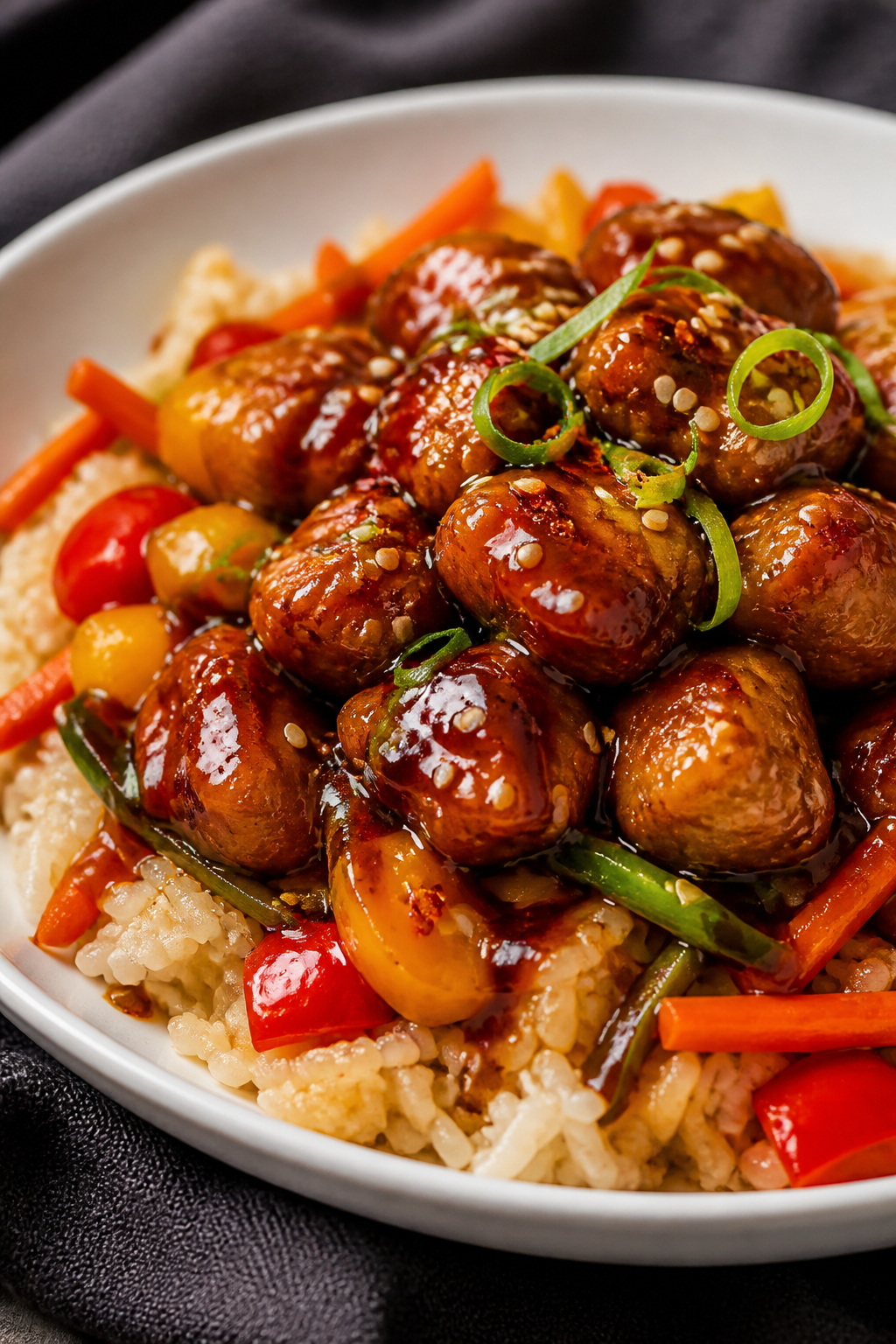 Final dish presentation: Restaurant-quality plate of Sticky Honey Garlic Chicken served over a bed o