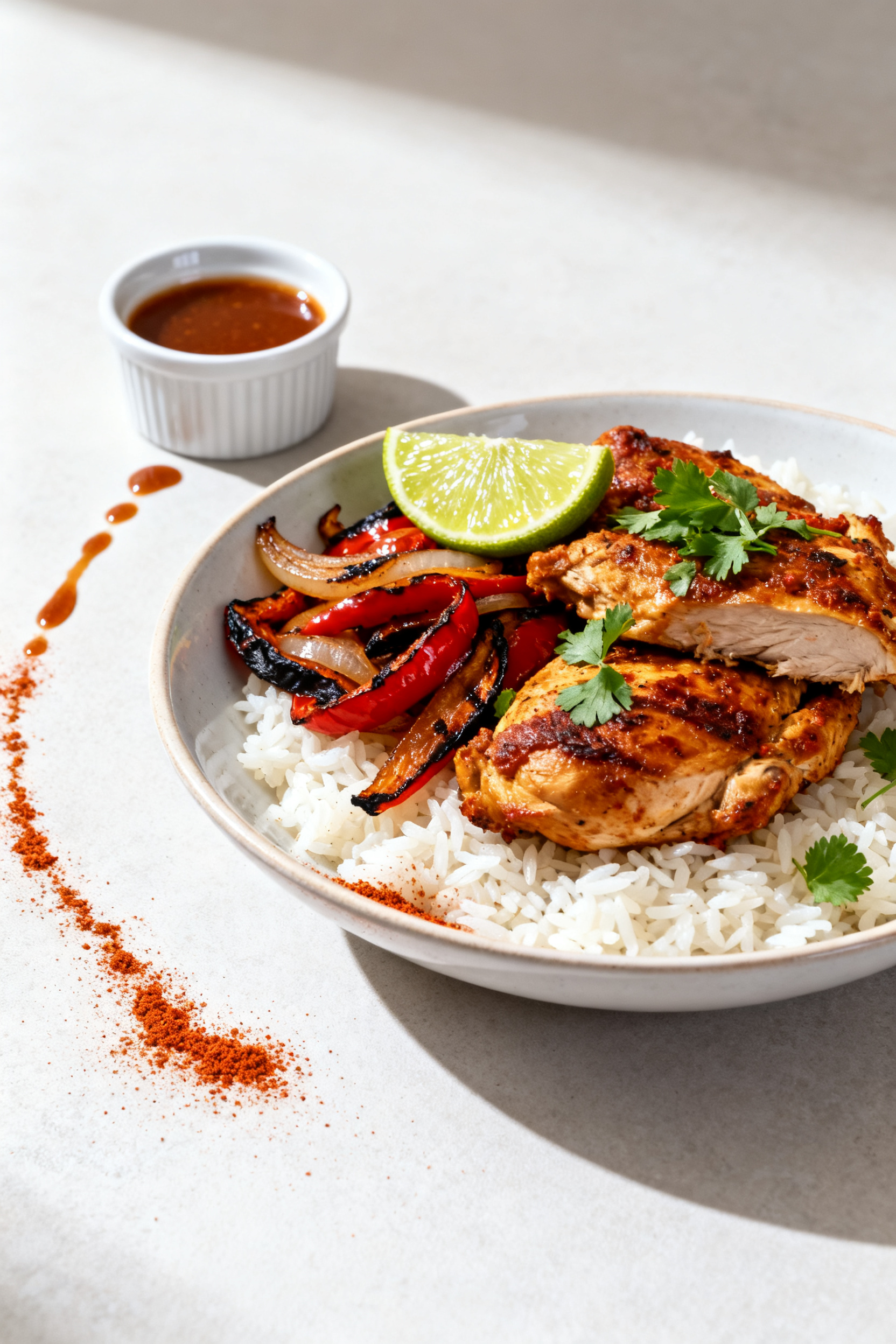Final dish presentation: Restaurant-quality plated Cajun Chicken Bowl variation with jasmine rice, e