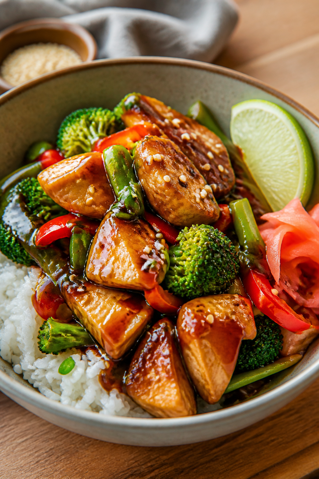 Final dish presentation: Restaurant-quality plated bowl with extra-silky sauce drizzled over the tur