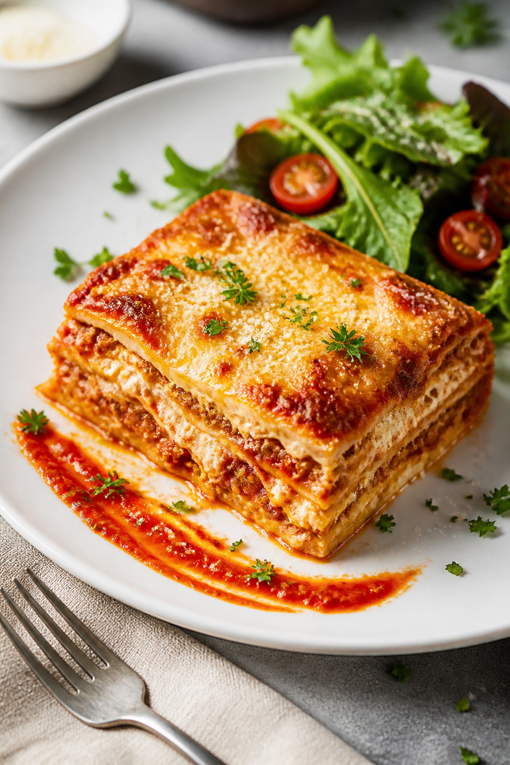 Final dish presentation: Restaurant-quality plated serving of Ground Beef Cottage Cheese Lasagna on