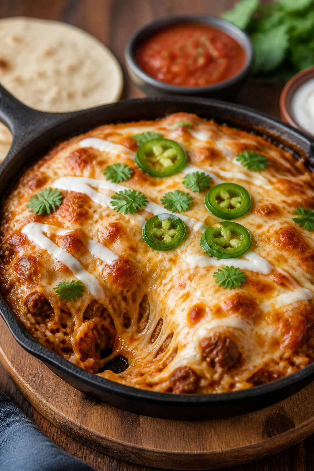 Final dish presentation: Restaurant-quality plated “cheesy bake” variation—beef enchilada mixt