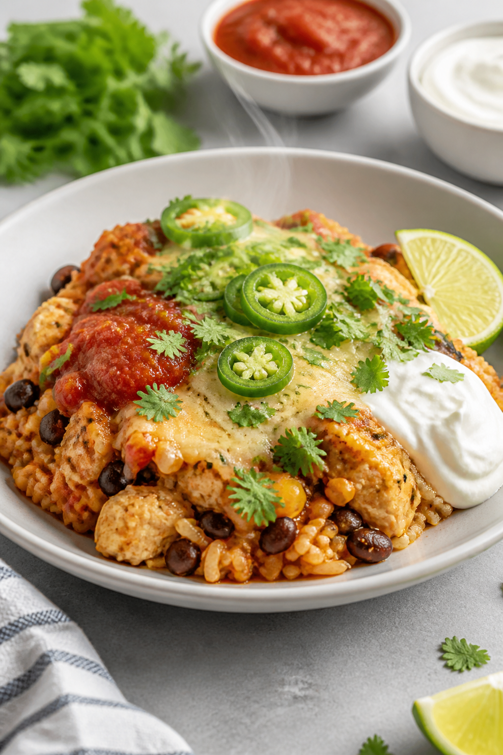 Final dish presentation: Restaurant-quality plated serving of High Protein Chicken Burrito Casserole