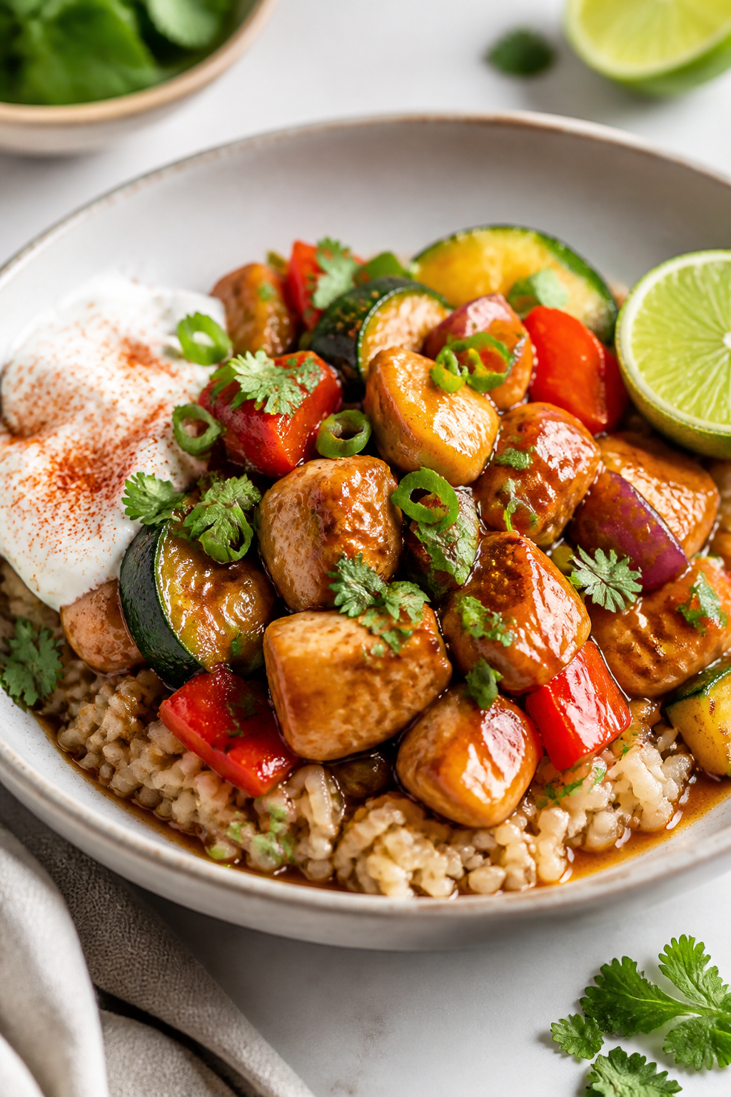 Final dish presentation: Restaurant-quality plated bowl with brown rice, heaped with the glossy chic