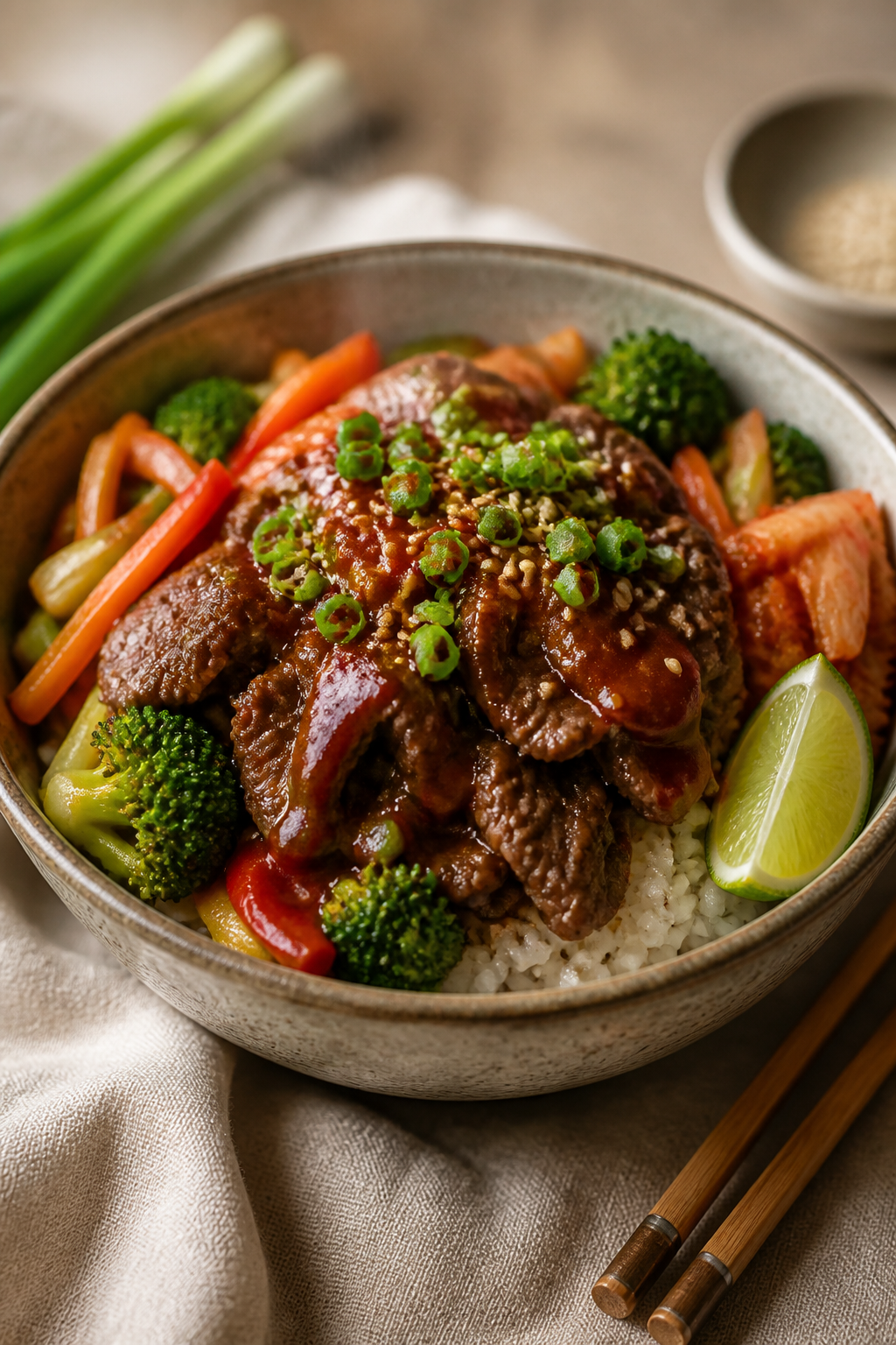 Final dish presentation: Restaurant-quality plated bowl of Korean beef over rice, artfully mounded w