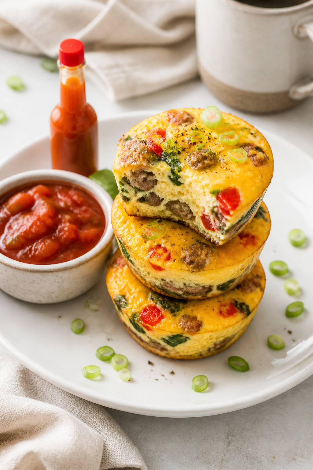 Final dish presentation: Restaurant-quality plated Protein Packed Egg & Sausage Muffins (three piece