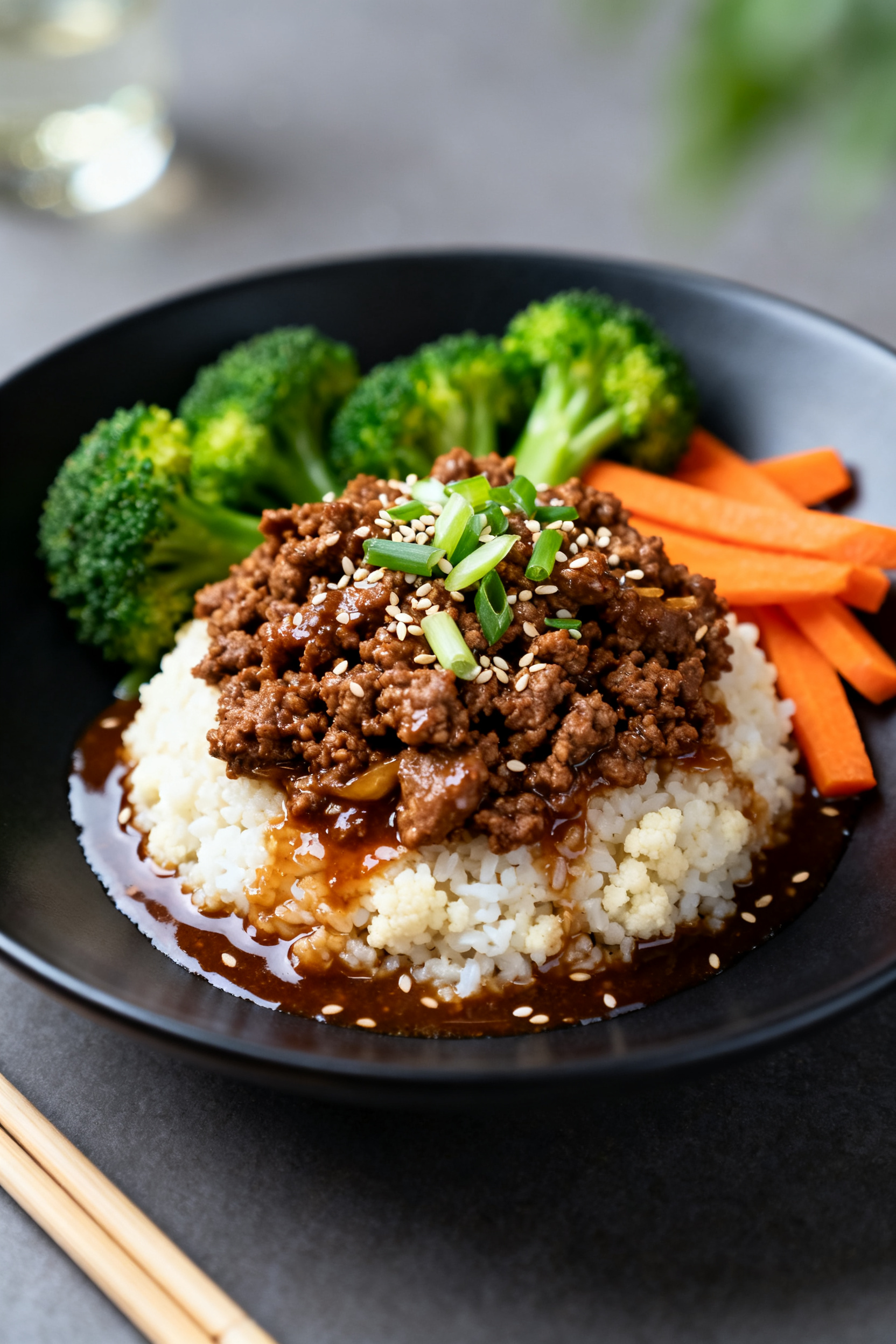 Final dish presentation: Restaurant-quality plated low-carb version—Mongolian ground beef piled ov