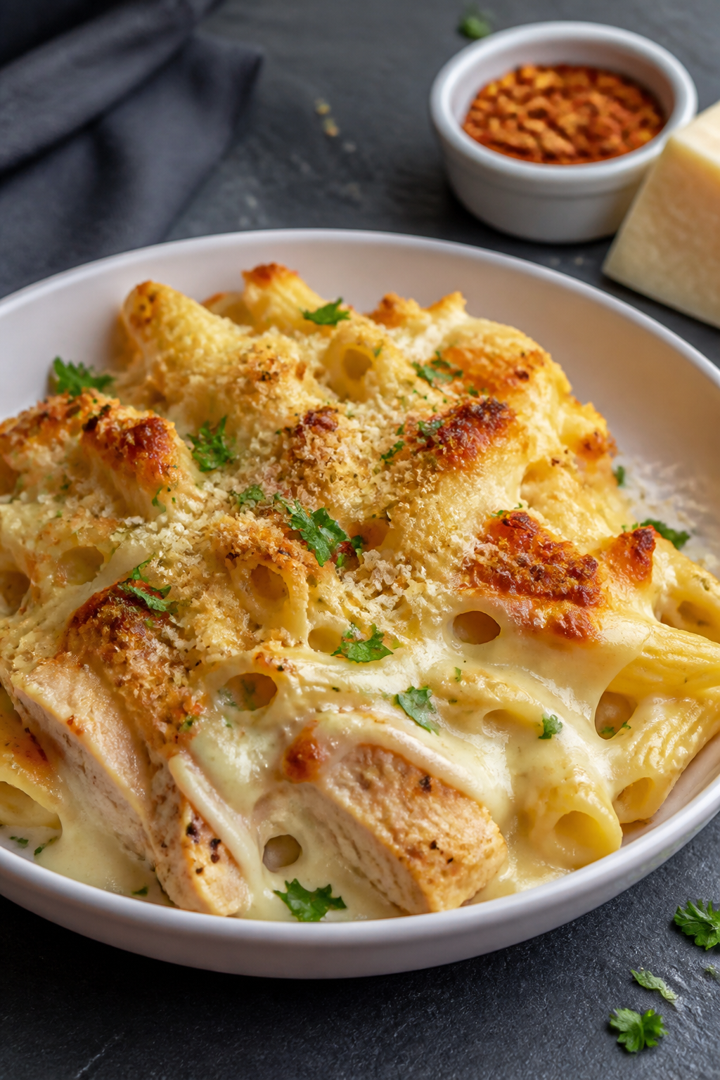 Final dish presentation: Restaurant-quality plated serving of High Protein Chicken Alfredo Bake on a