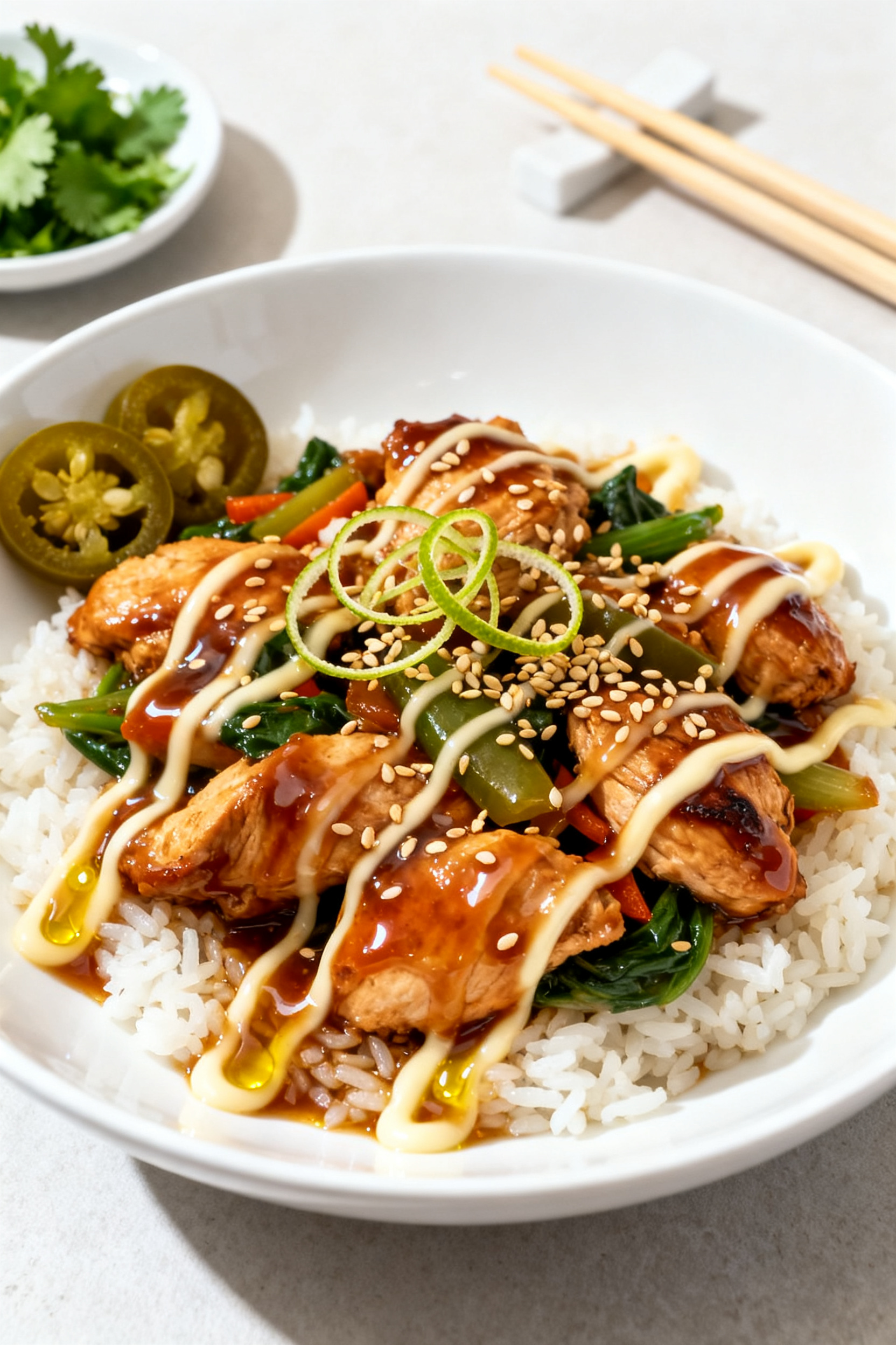 Final dish presentation: Restaurant-quality plating of the chicken and veggies spooned over rice in