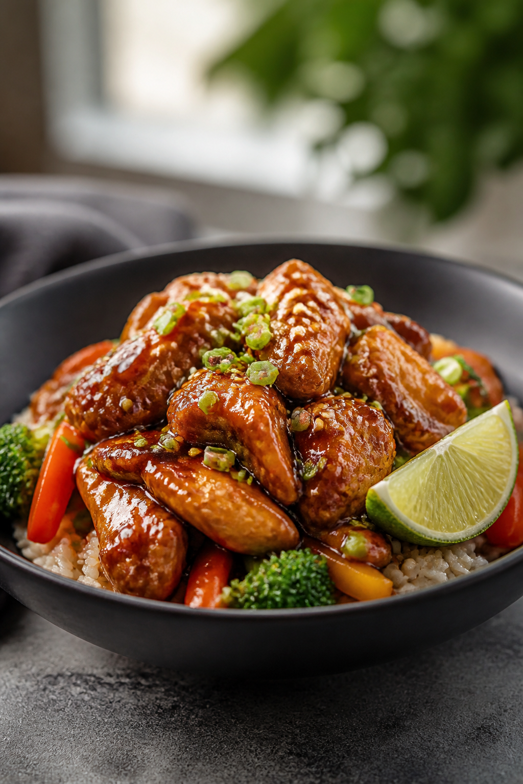Final dish presentation: Restaurant-quality plating of Honey Garlic Chicken Rice Bowl in a matte bla
