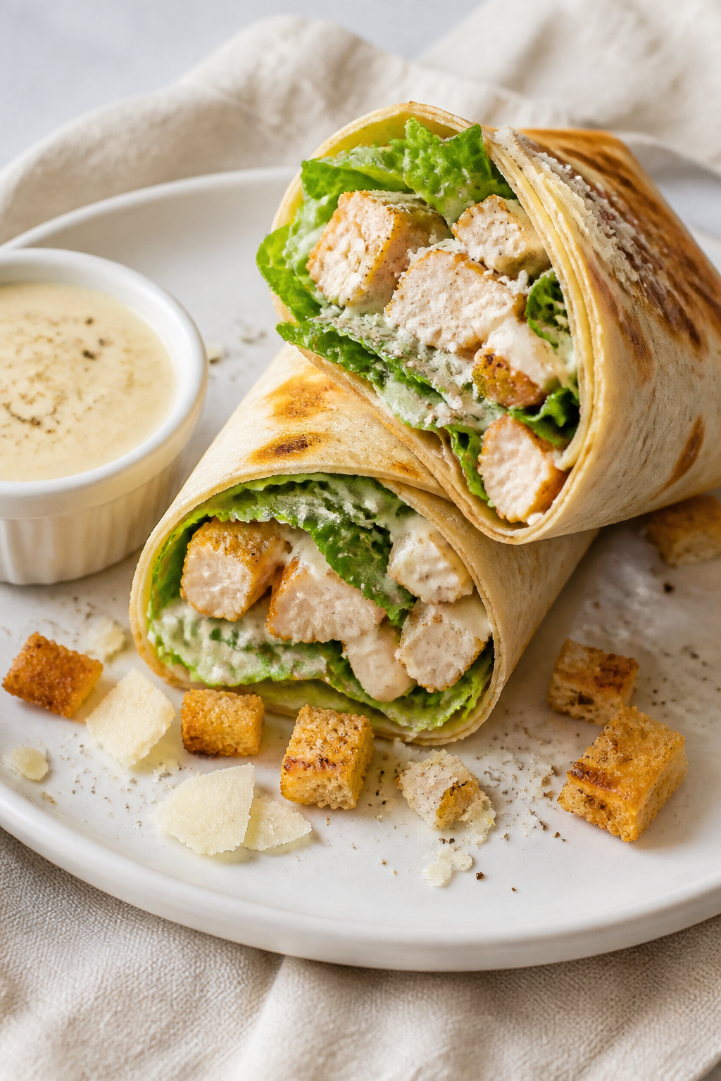 Final dish — Sliced High Protein Chicken Caesar Wrap: Two tightly rolled wraps cut on the bias and