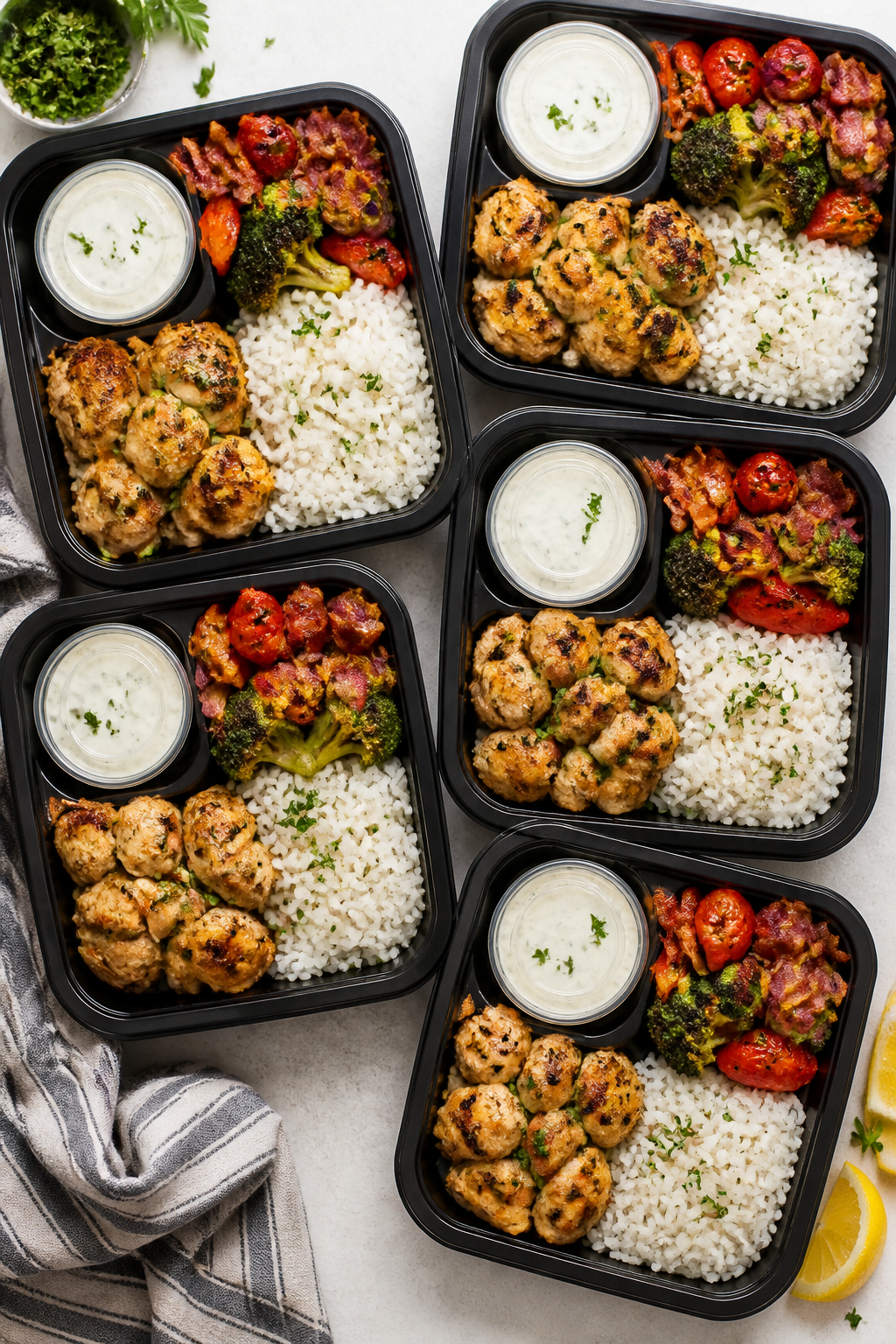 Final dish, tasty top view – meal prep lineup: Overhead, neatly arranged set of 4–5 meal prep co