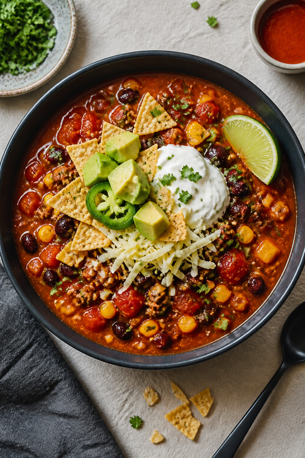 Final dish, tasty top view: Overhead shot of a bowl of Healthy Ground Beef Taco Soup styled for serv