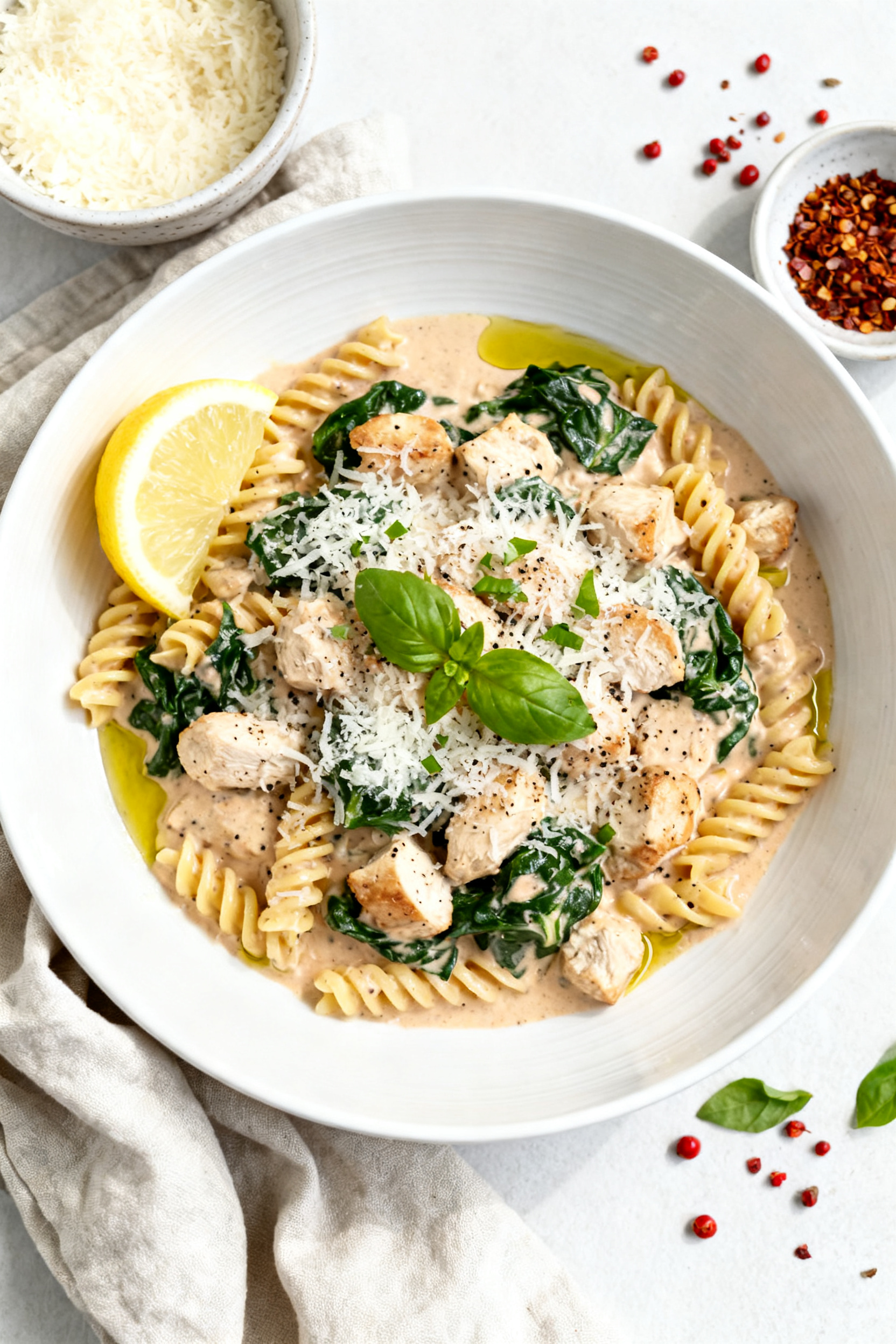 Final dish, tasty top view — Overhead shot of the plated one-pot high protein chicken pasta in a w