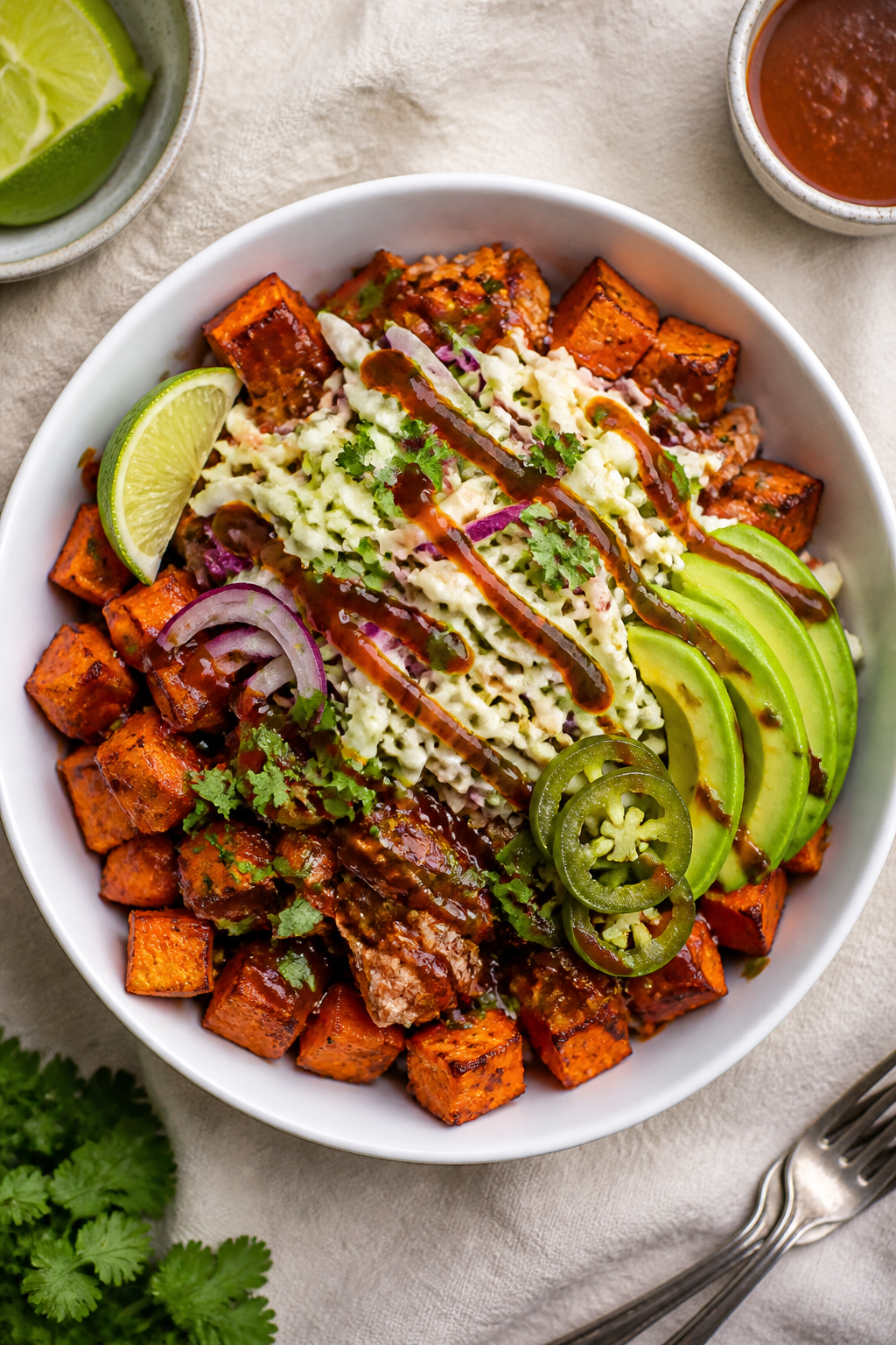 Final dish top view: Overhead shot of BBQ Chicken Sweet Potato Bowl fully assembled—bed of caramel
