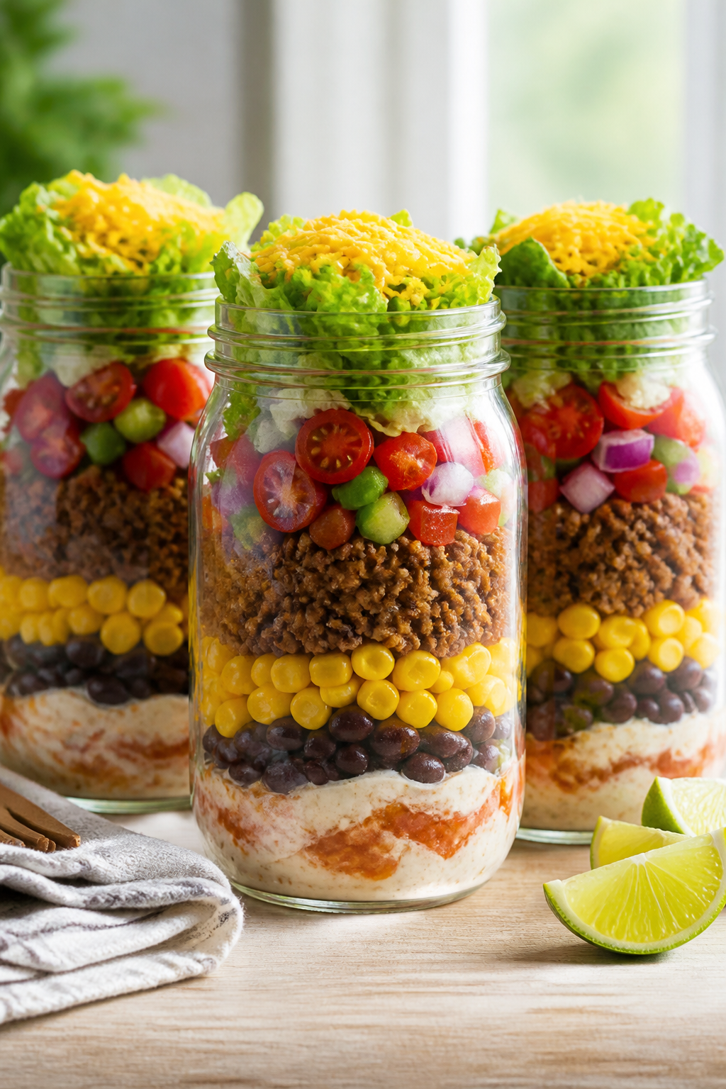 Final jar presentation hero shot: A trio of wide-mouth 32-ounce mason jars lined up at a slight angl