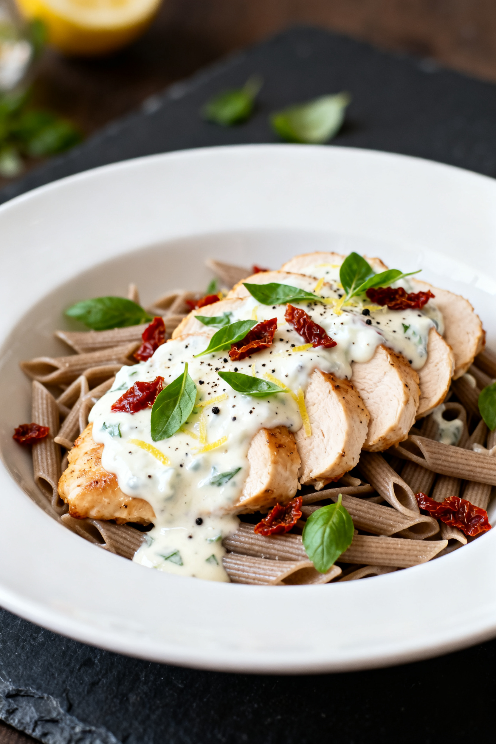 Final plated, : Beautifully plated Marry Me Chicken breast sliced into medallions, fanned over al de