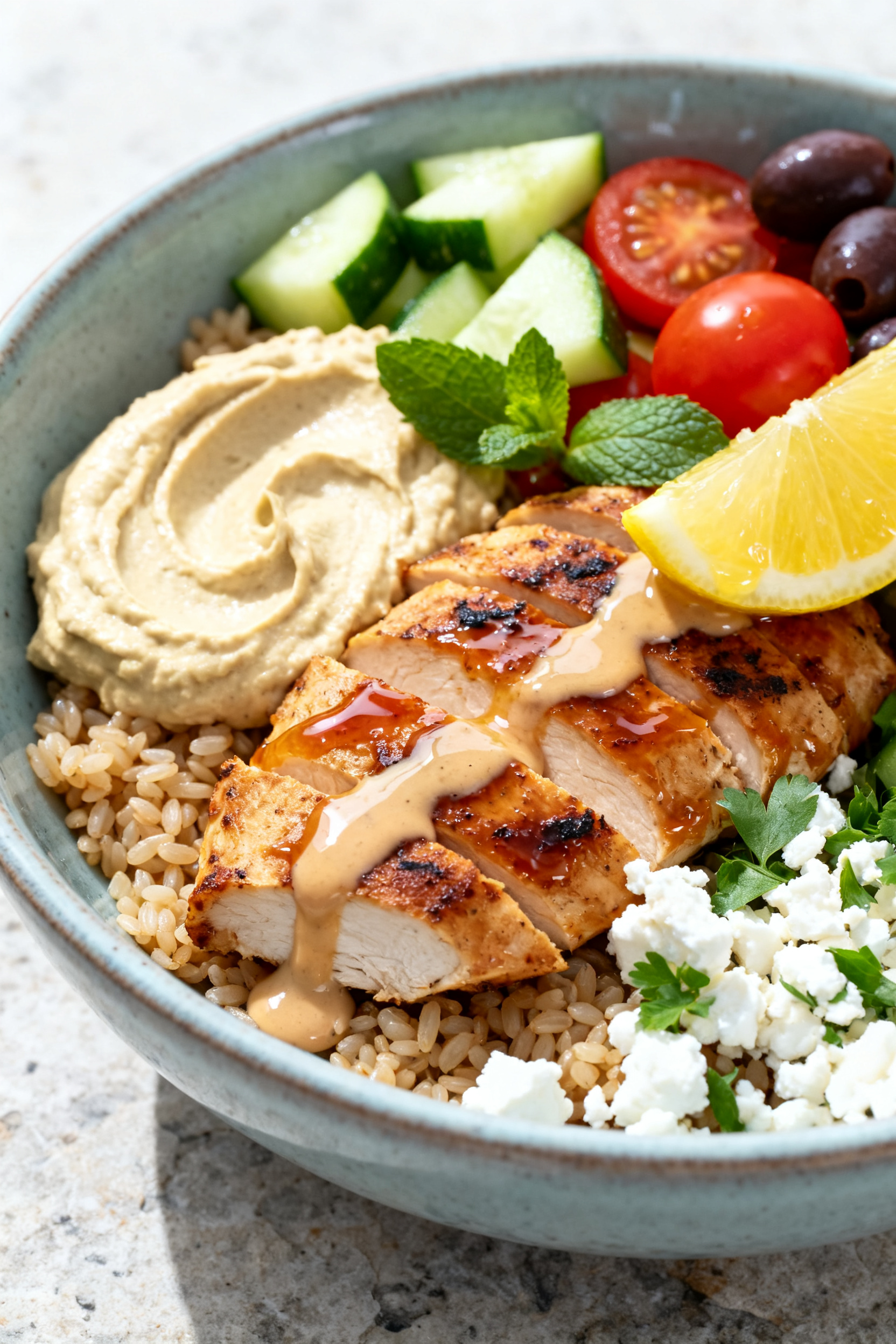 Final plated beauty, close-up detail: Close-up of the finished Mediterranean Chicken Power Bowl show
